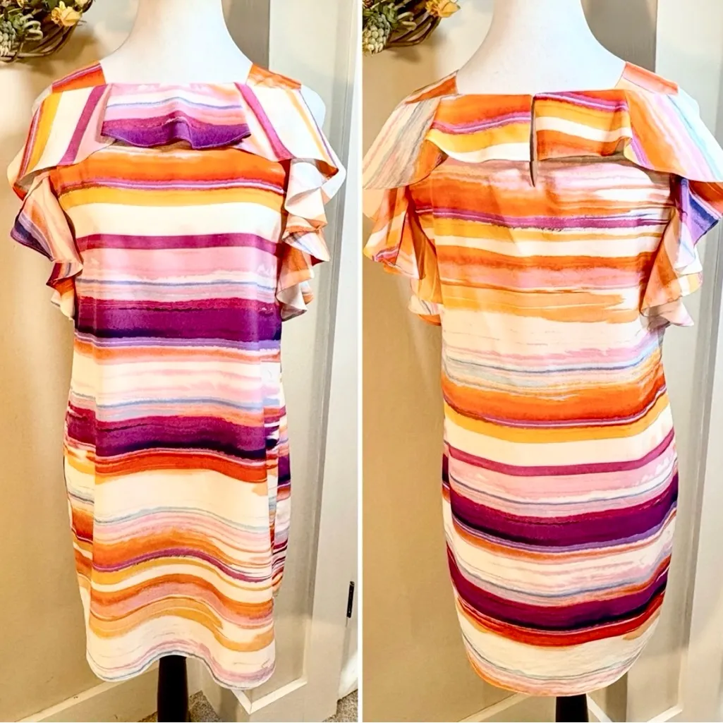 AMANDA UPRICHARD Watercolor Stripe Ruffle Shoulder Dress Petite (Small)💛 - Image 2