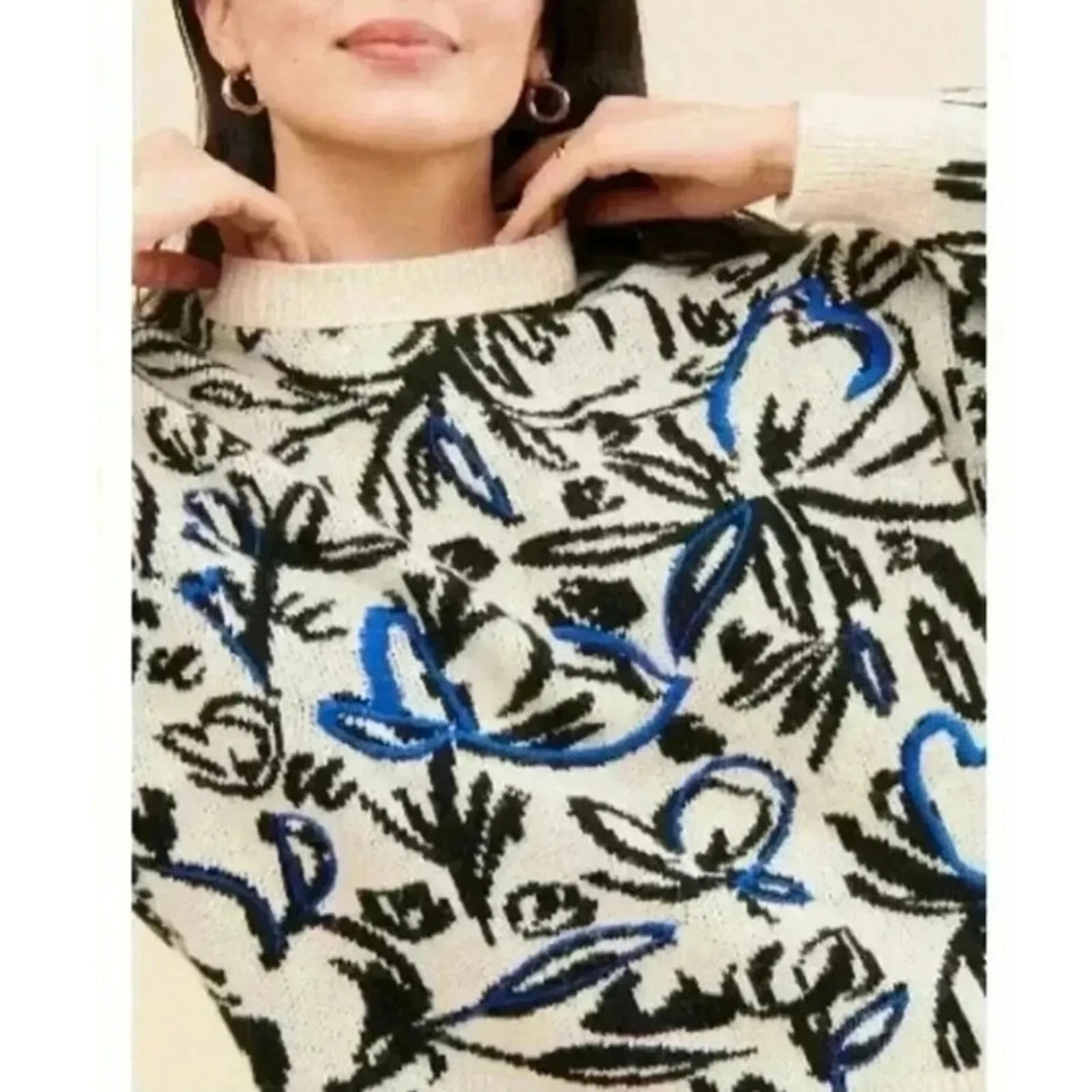 ANTHROPOLOGIE Blue Floral Pop Embroidered Sweater, Size XS, New w/ Tag MSRP $128 - Image 3