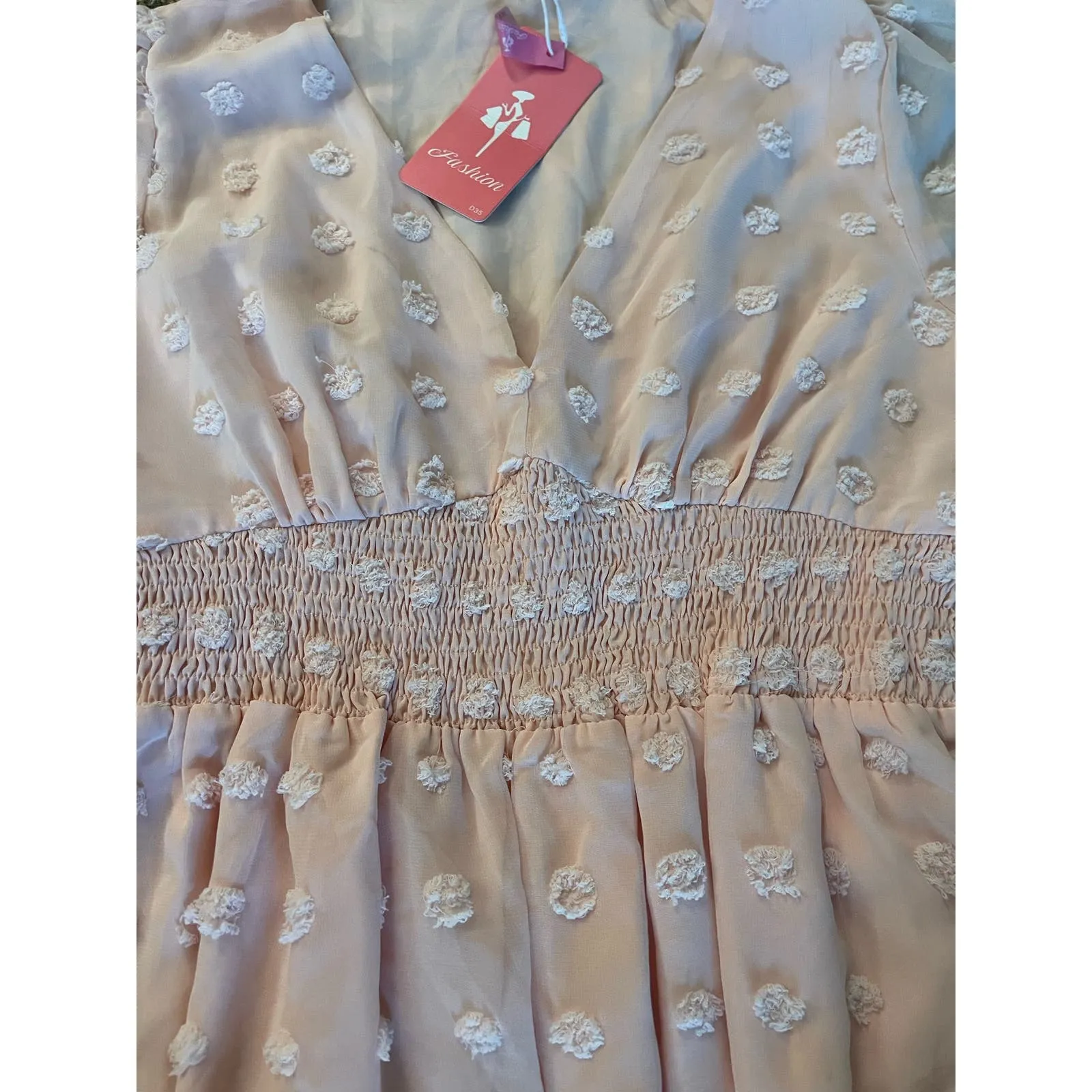 Pastel Pink Smocked Waist Pom Pom Long Sleeve Dress‎ Size Large - Image 4