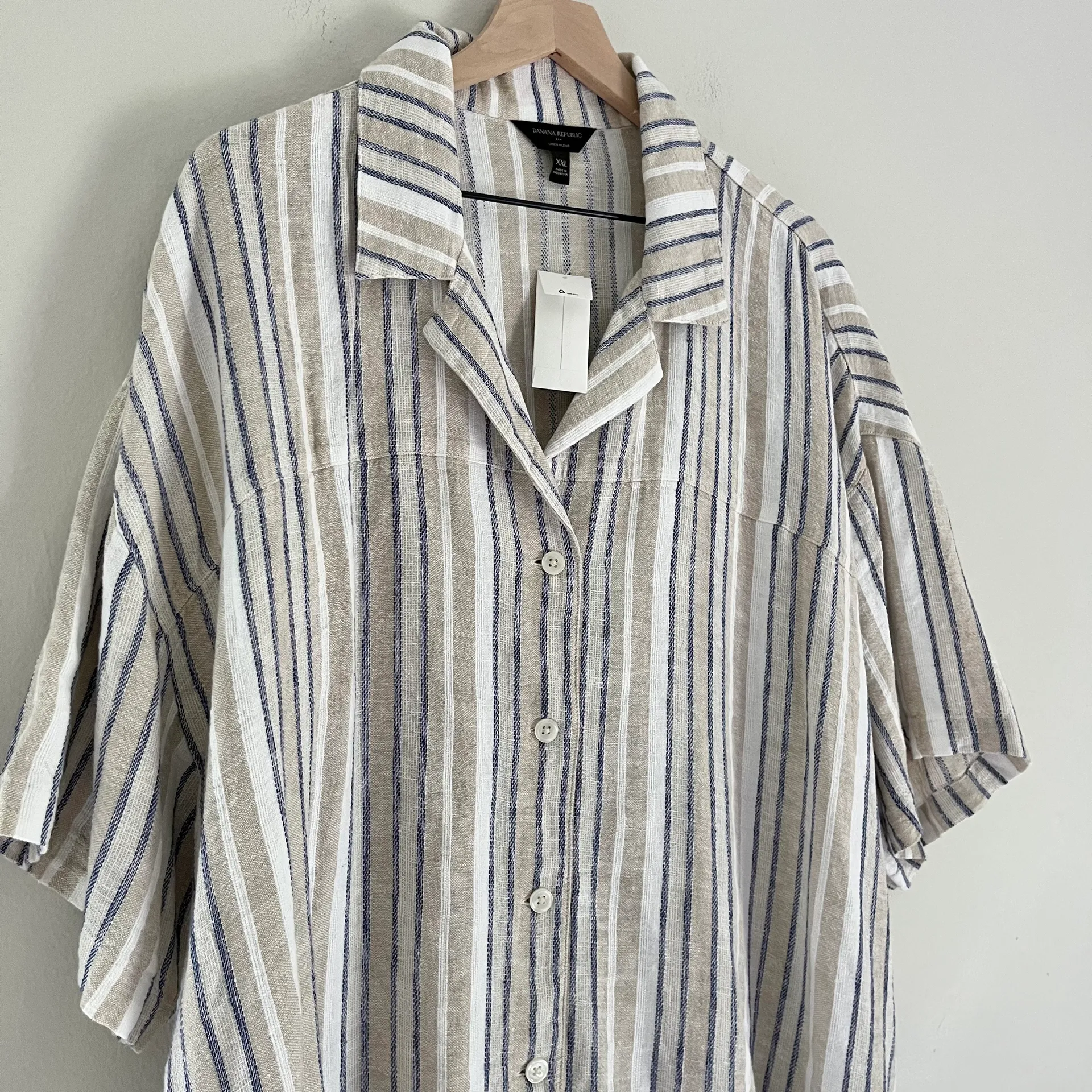 NWT  Factory Linen Button Front Collared Shirt Stripe Ivory XXL - Image 6