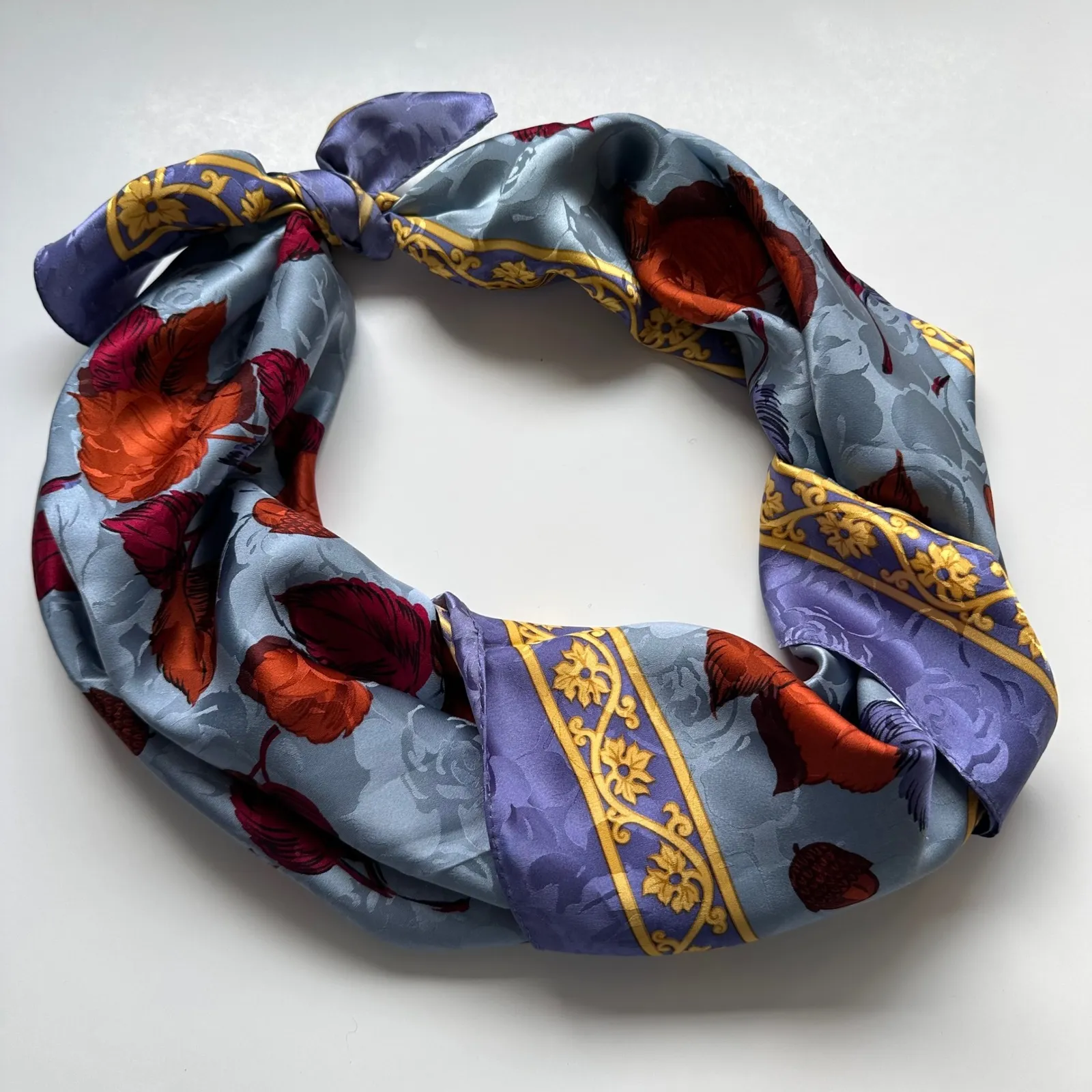 R. Zanghellini Silk Hand Made Floral Fall Autumn Leaves Scarf Blue Purple - Image 10