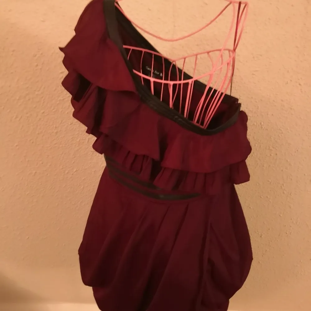 Double Zero Ruffled Burgundy Pleather One Shoulder Dress L Coquette Mall Goth - Image 5