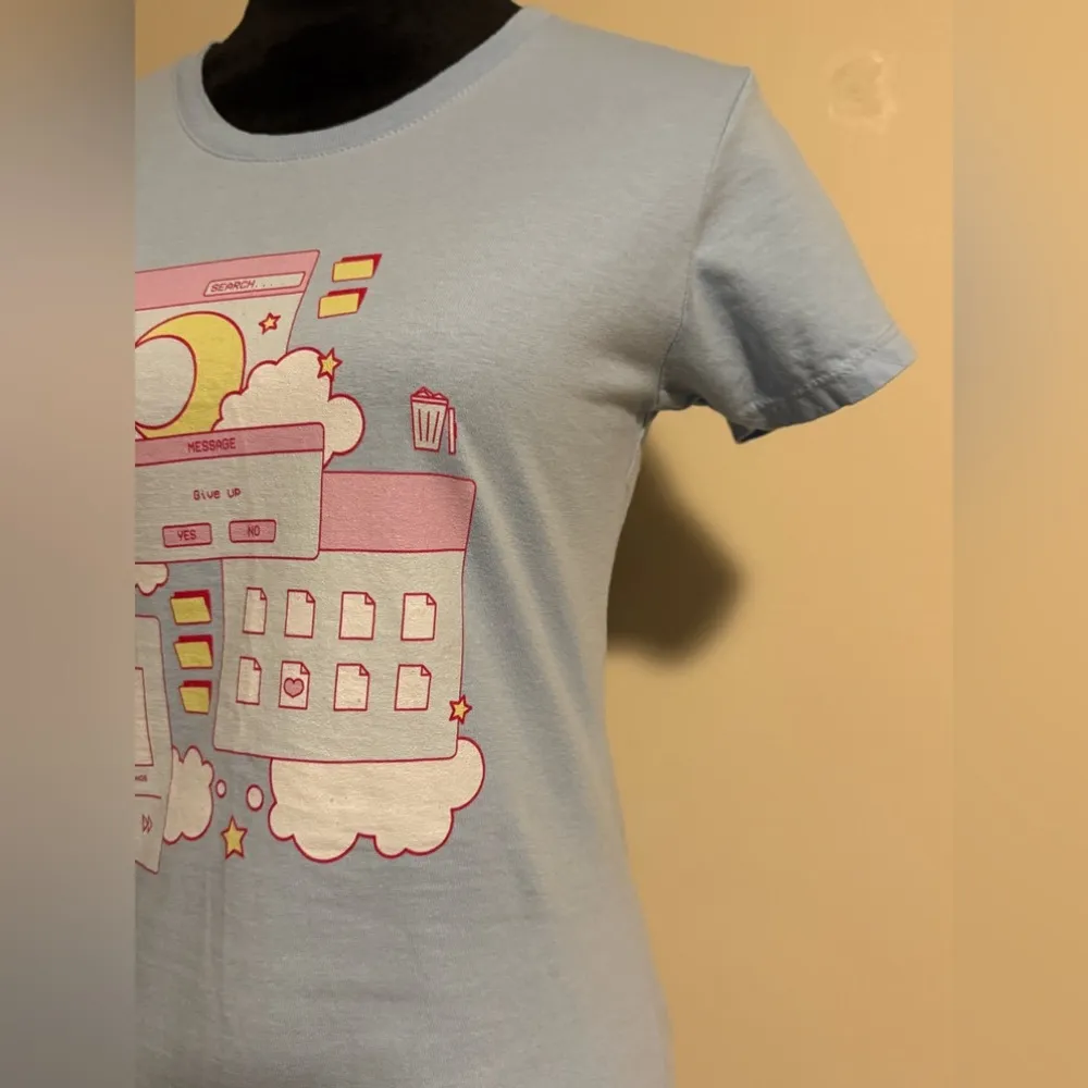 EUC Port & Company Blue, Pink and White Moon Vaporwave Aesthetic tee size small Blue - Image 3