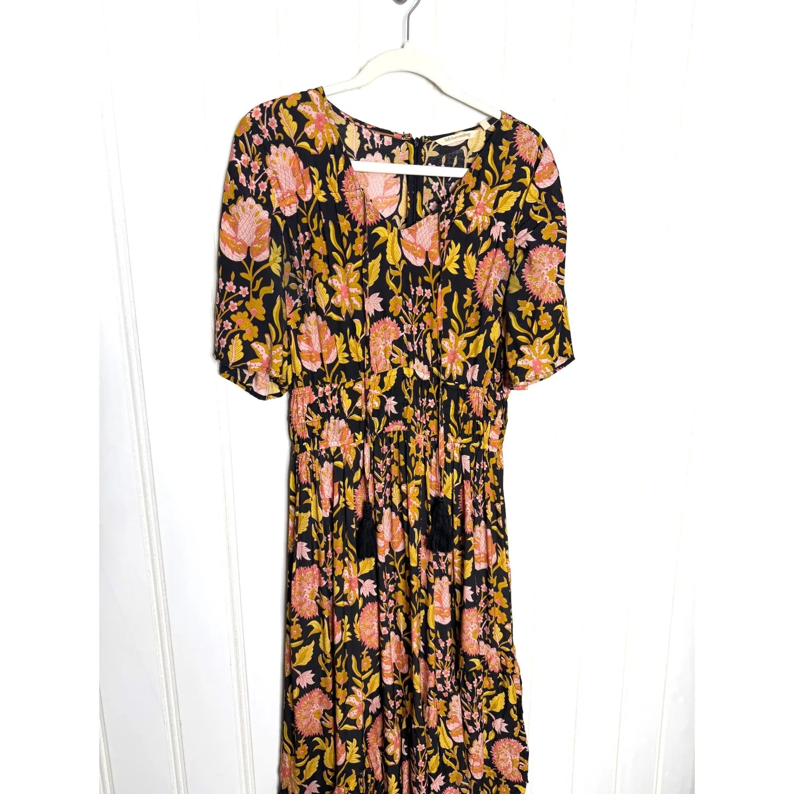 Soft Surroundings Black Floral Print Maxi Dress V Neck Flutter Sleeve Size 4 - Image 9