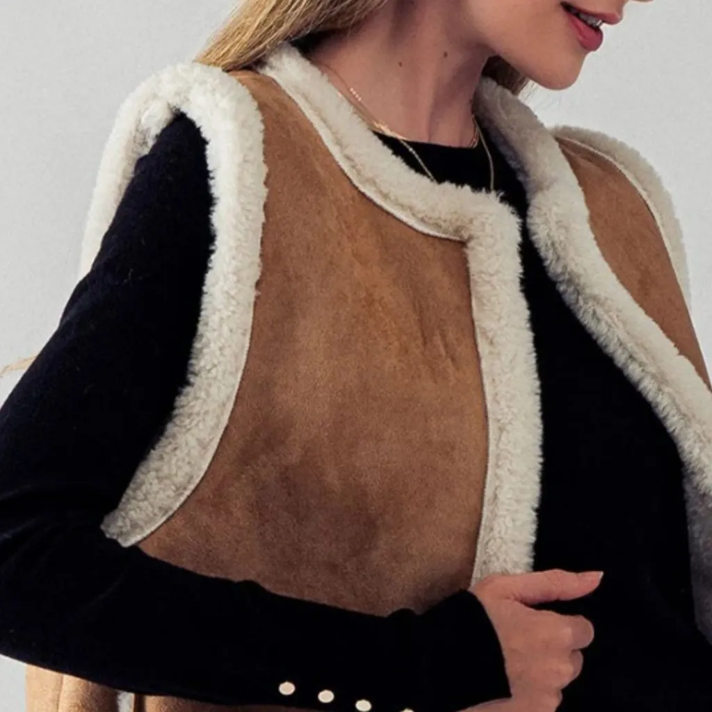 NWT LOLA Made in Italy Tobacco Brown Suede Sherpa Vest Medium/Large MSRP $240 Size undefined - Image 5