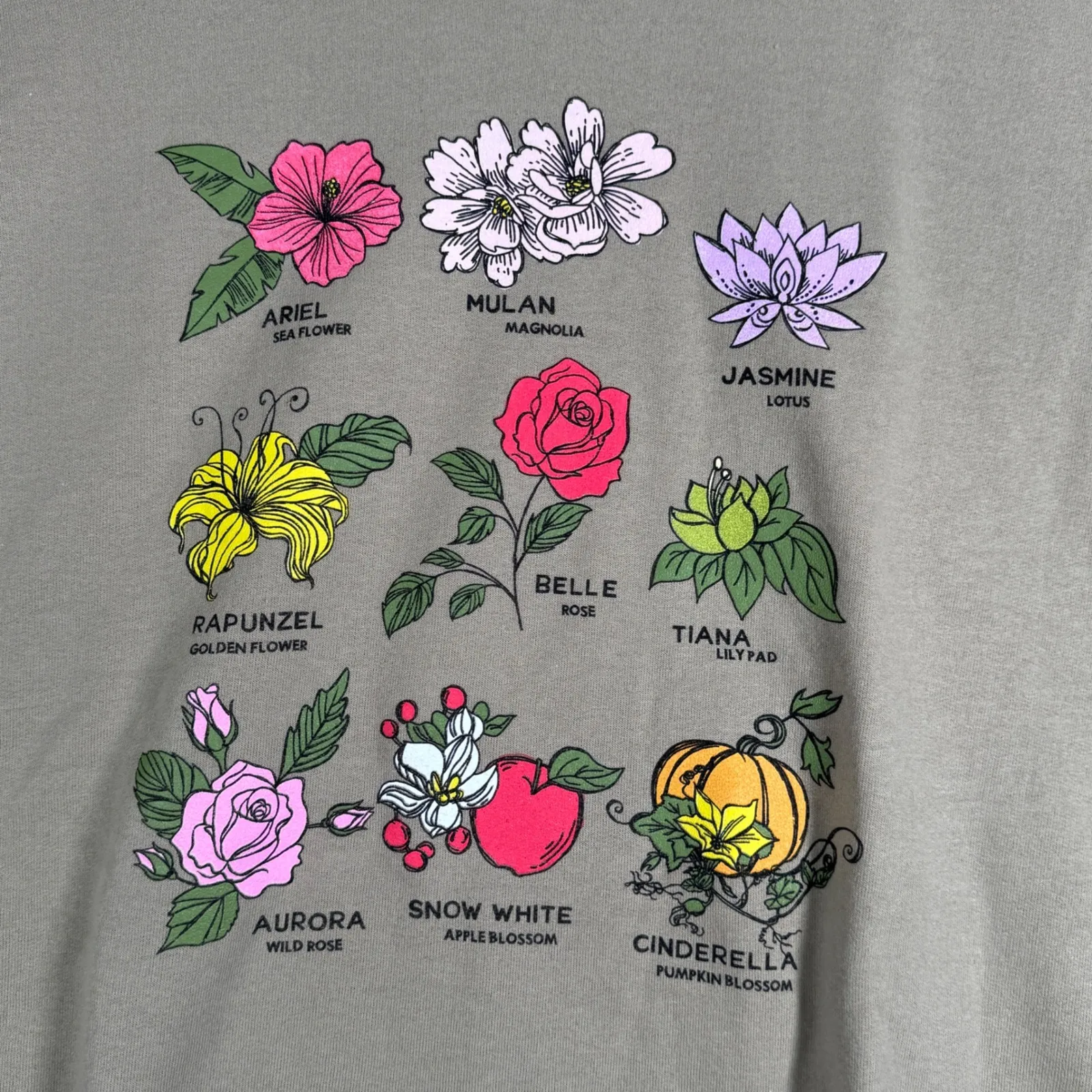 Disney Princess Sweatshirt L Beige Floral Flower Crewneck Belle Cinderella Mulan - Image 5