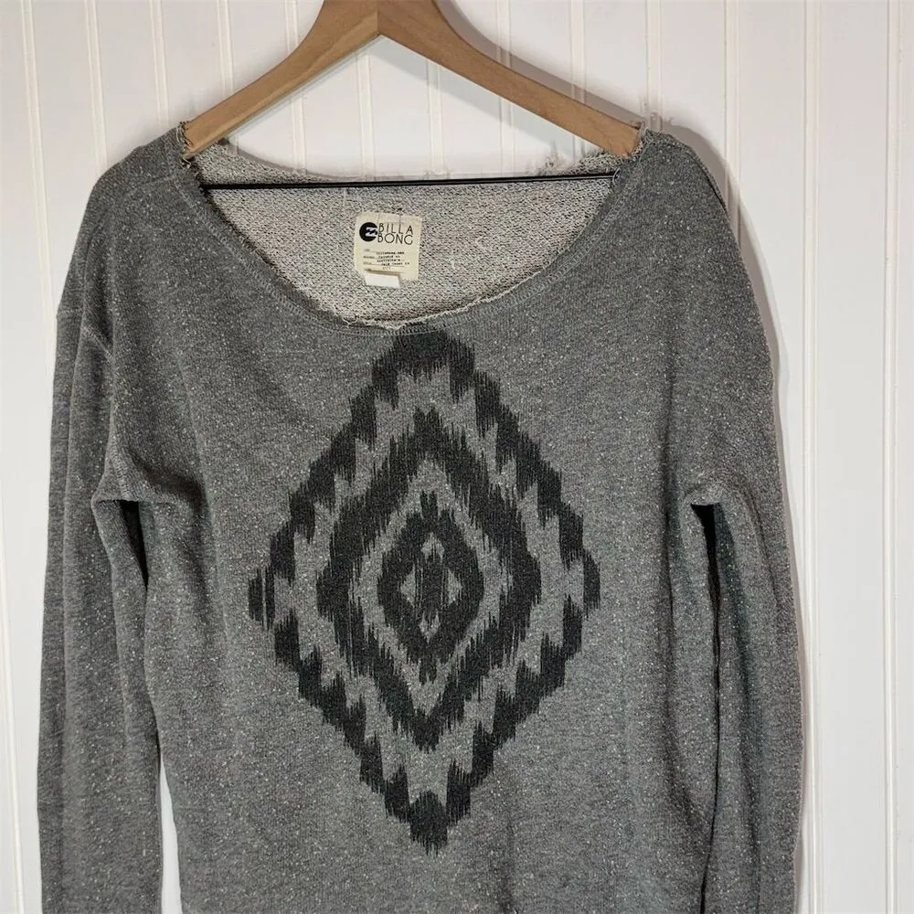 Billabong Gray Aztec‎ Ikat Graphic Sweatshirt M Raw Hem Distressed Boho Pullover - Image 2