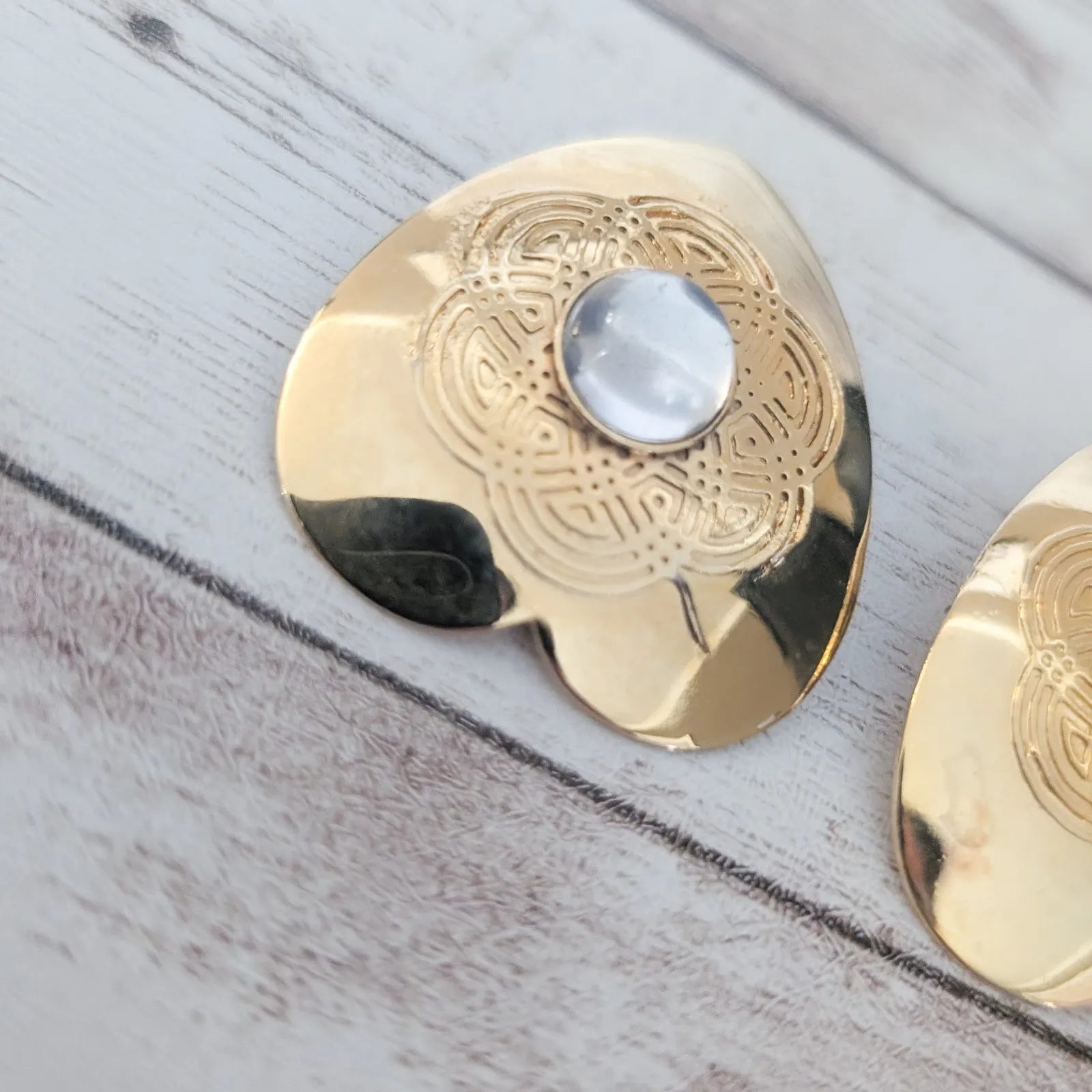 Vintage Clip On Earrings Large Gold Tone Heart with Design & Clear Gem Statement - Image 2