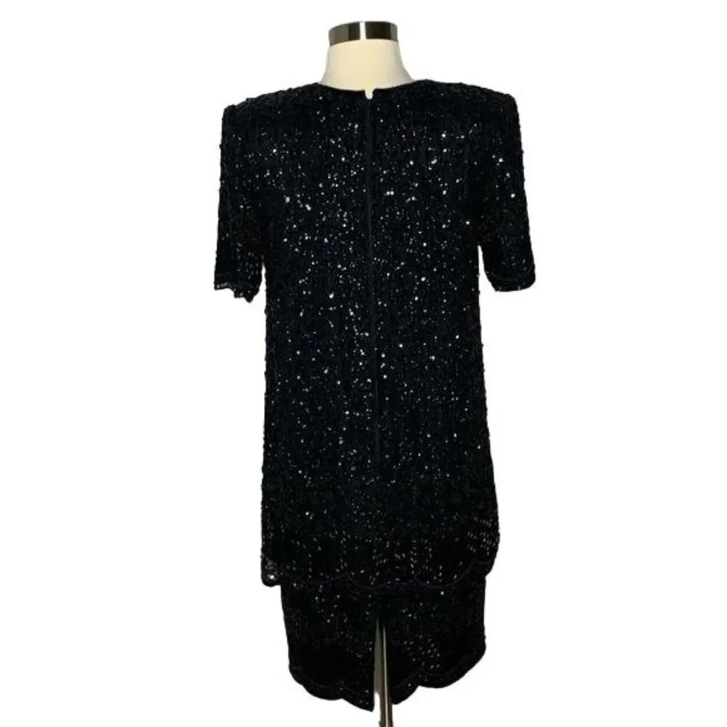 Vintage Brilliante Beaded Silk Dress Size Small Black Tiered Short Sleeve - Image 5