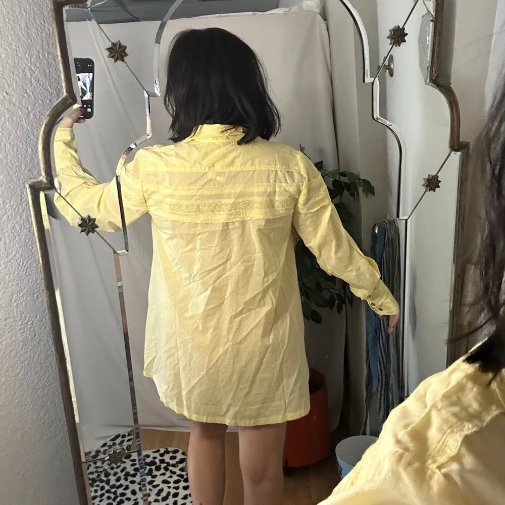 Free People Long Sleeve Button Front Mini Tunic Shirt Dress Yellow Size Small - Image 3