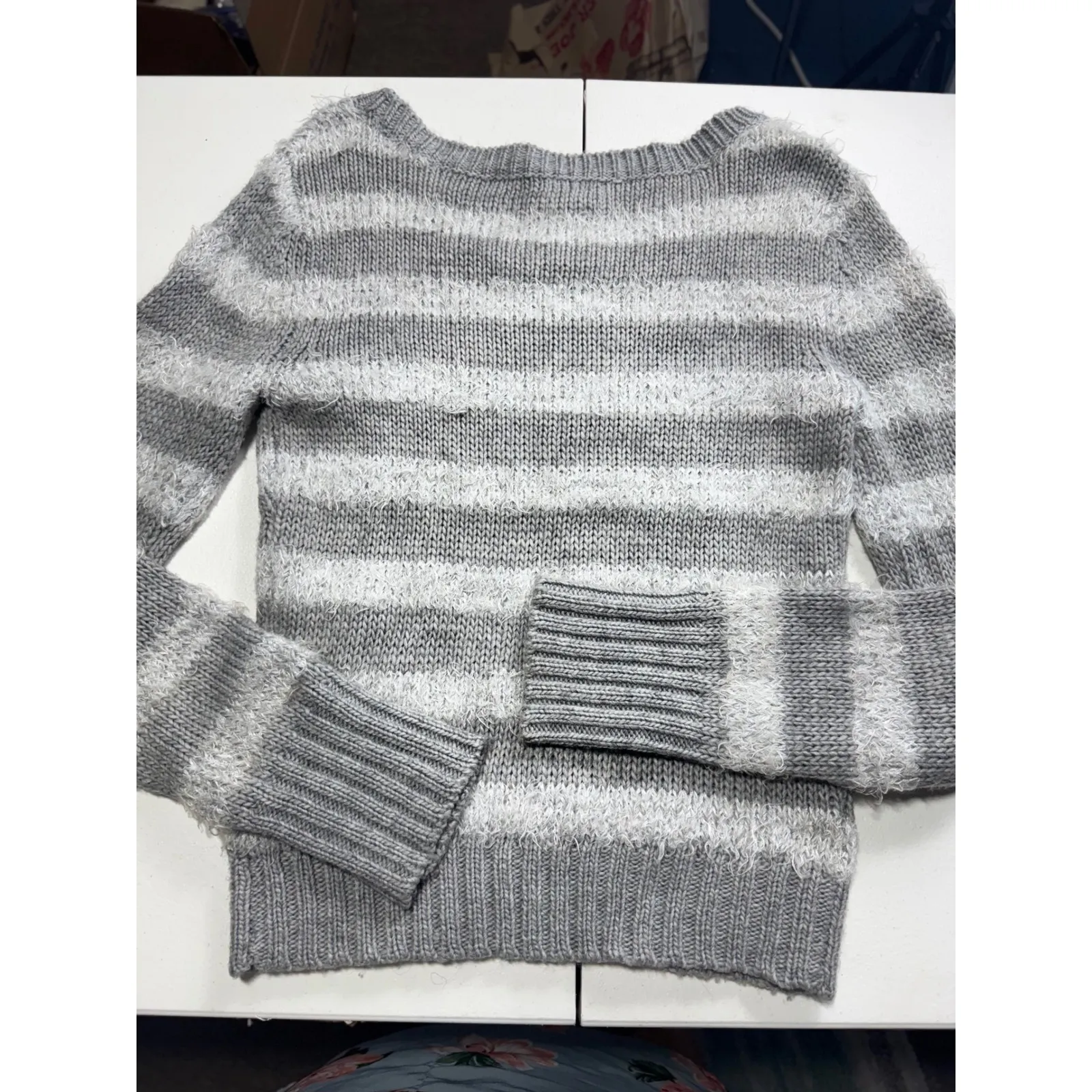 F.A.N.G Striped Sweater Fuzzy‎ Knit Pullover Gray White Soft Cozy Size M Size M - Image 2