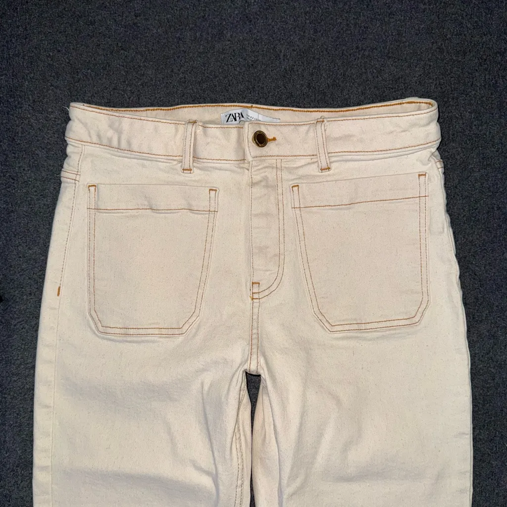 Zara High Waist Mini Flare Jeans Beige Cream Raw Hem 10 Preppy Boho Patch Pocket - Image 4