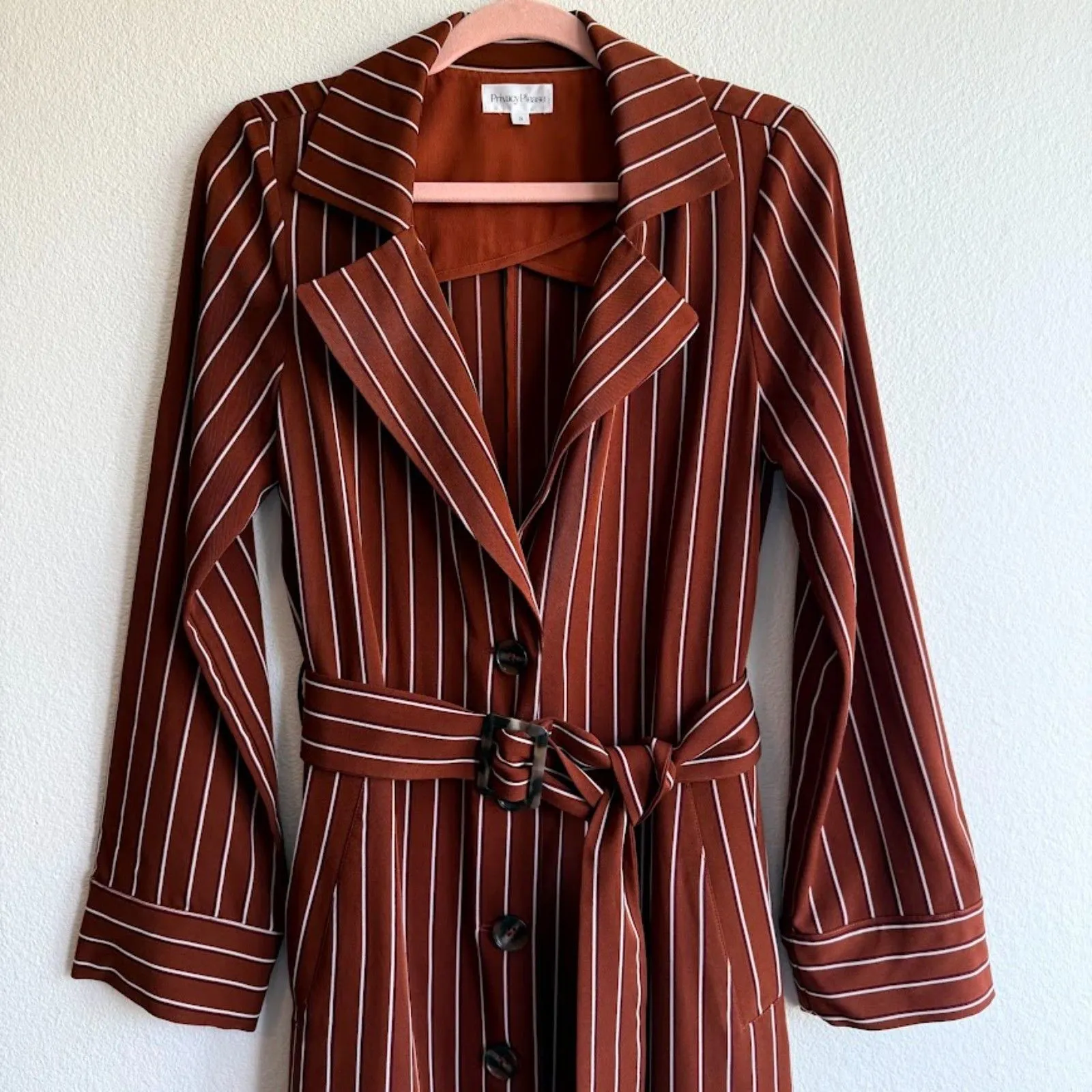 Privacy Please Cassidy Belted Midi Trench in Brown & Tan Stripe size Small - Image 7