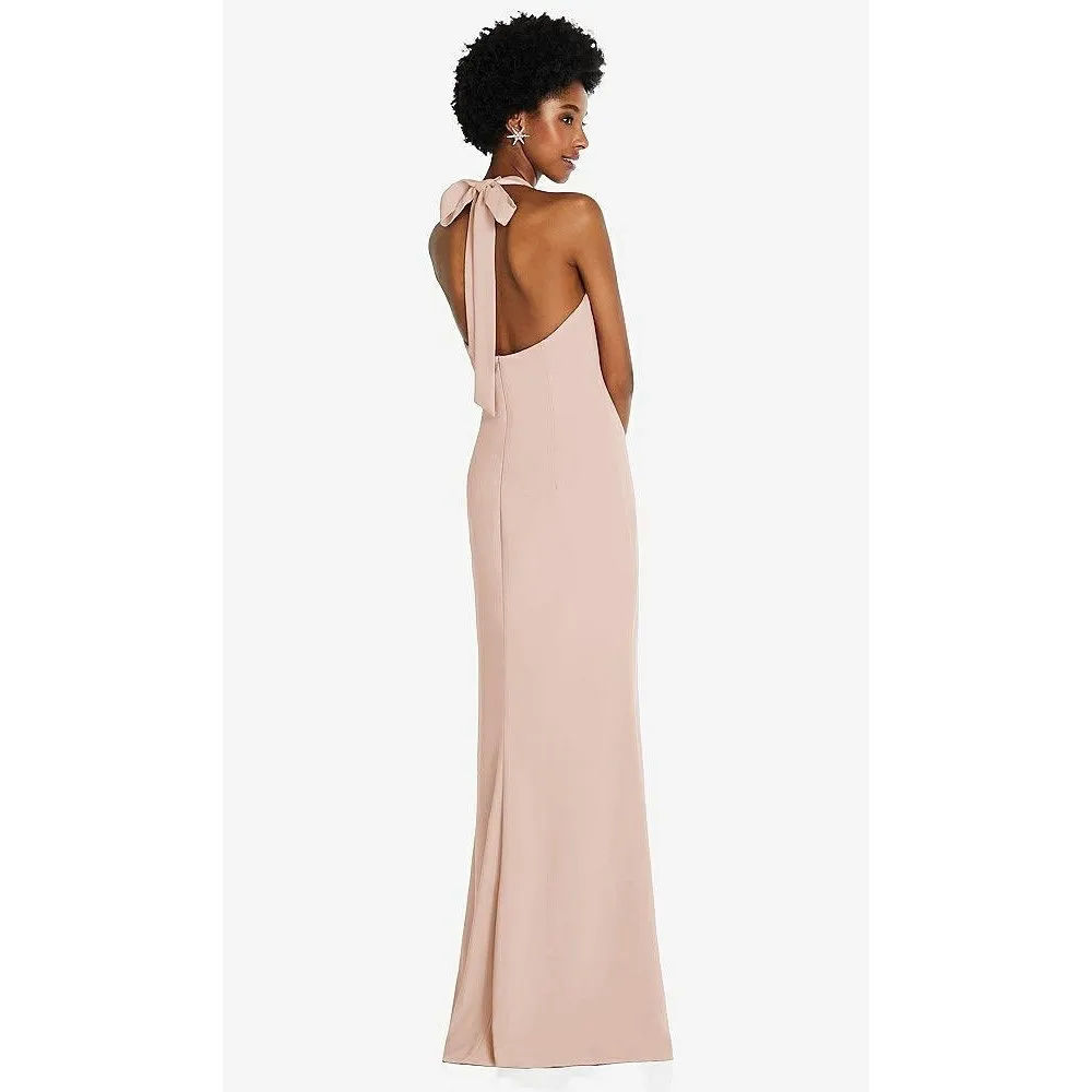 Thread Tie Halter Open Back Trumpet Gown In Cameo Size M Tan Size M - Image 11