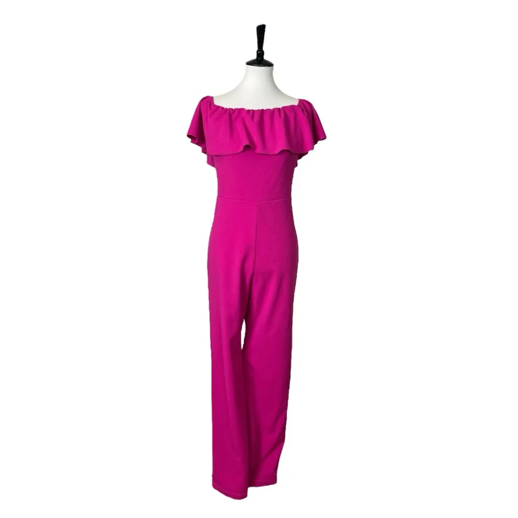 Bebe Jumpsuit Off Shoulder Straight Leg Crepe Hot Pink Fuchsia Women’s Size 12 - Image 3
