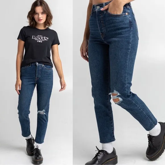 Levi’s • Wedgie Straight jeans distressed medium wash frayed hem ripped knee - Image 2