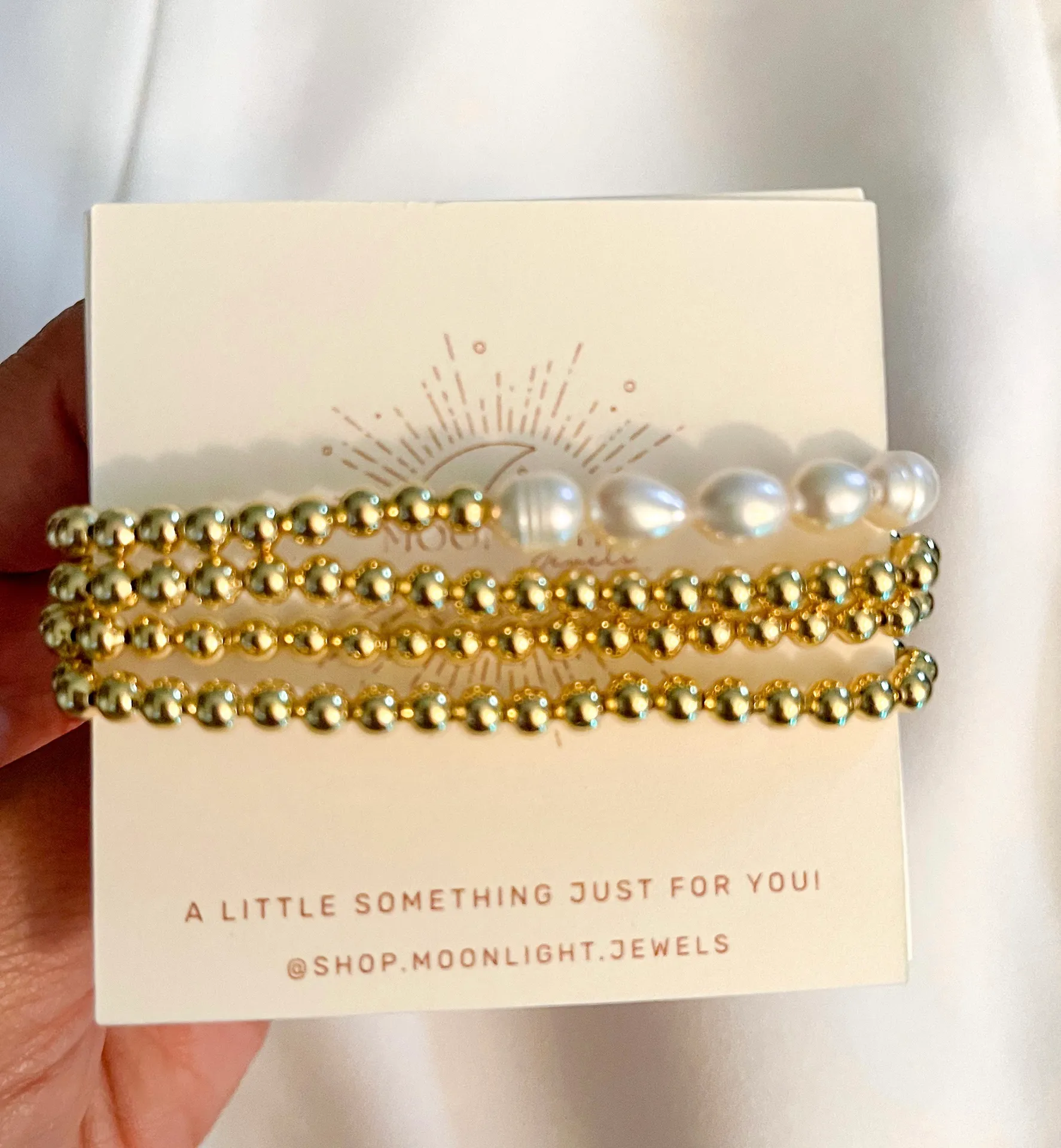 Boutique Set of Gold|Pearl Stackable Beaded Bracelet  - Image 2