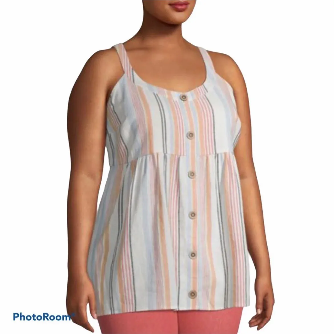 Terra & Sky Linen Blend Striped Buttoned Tank - Image 2