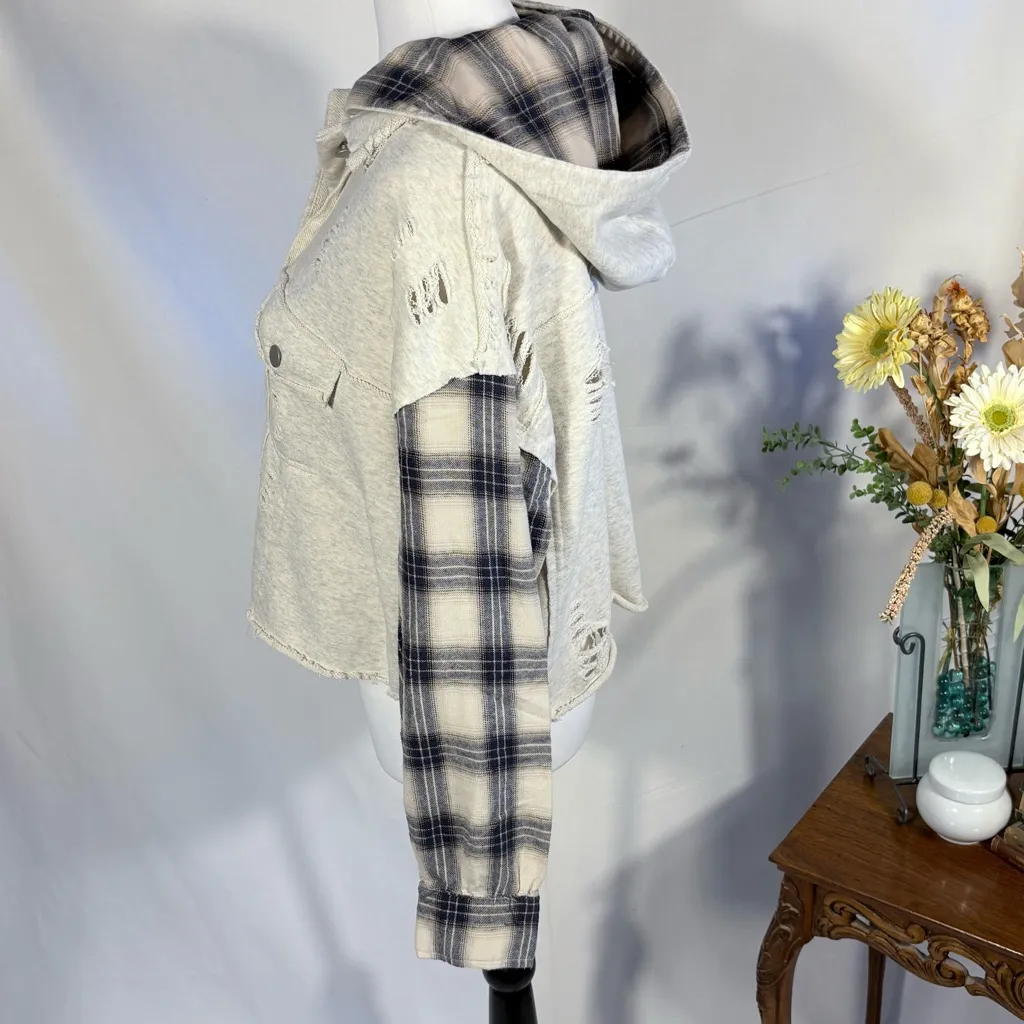 Dance & Marvel Cropped Hooded Flannel + Knit Pieced Shacket Distressed ~Small💛 - Image 5