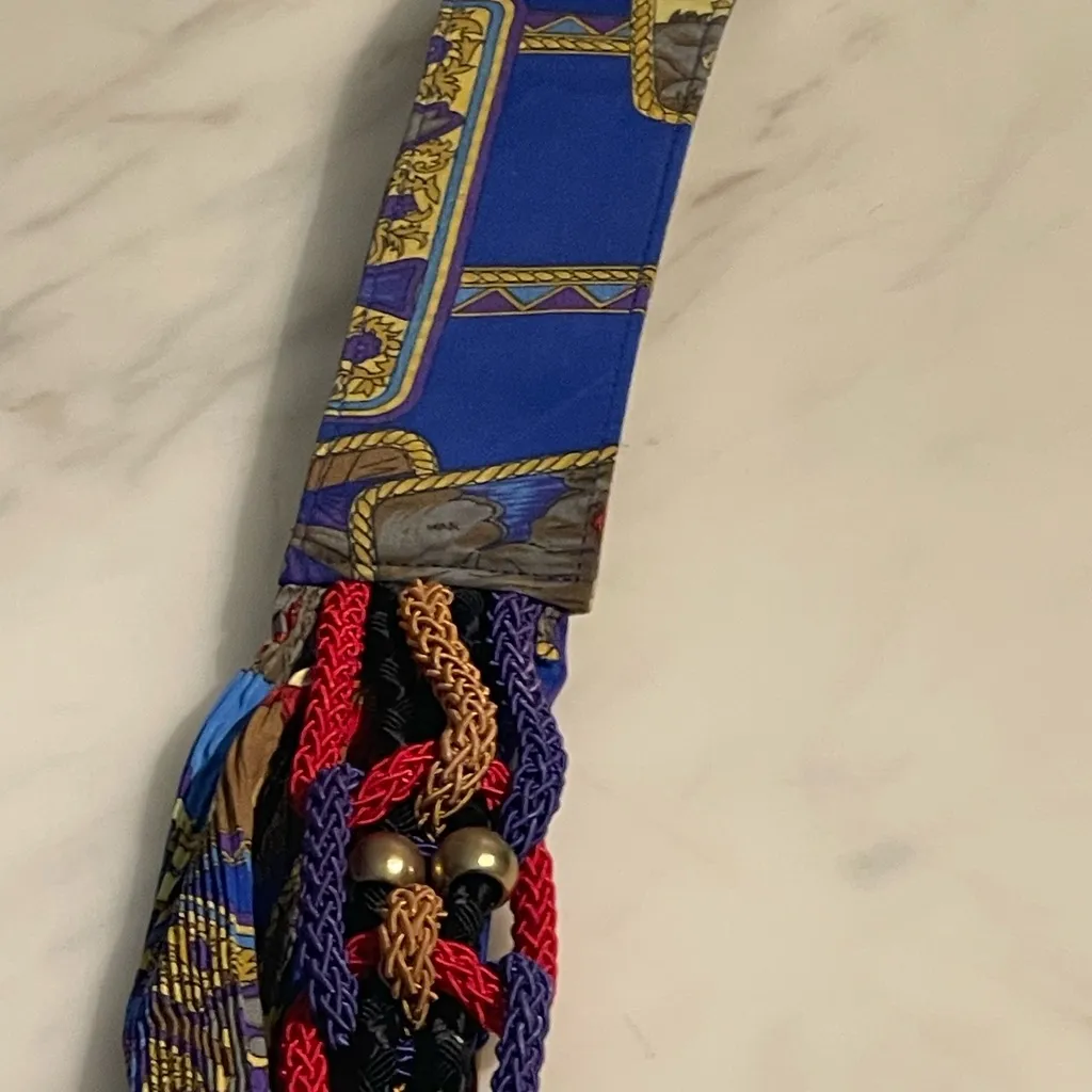 Vintage Multicolor Braided Waist Belt Ornate Gold Buckle Jester Print 80s 90s Blue - Image 7