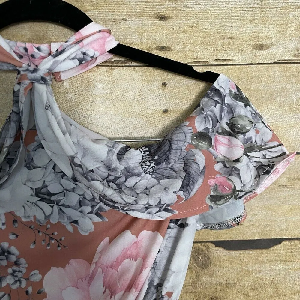 ASOS Dusty Pink Floral Halter Top Ruffle Midi Dress - Size 4/UK 8 - Maternity - Image 4