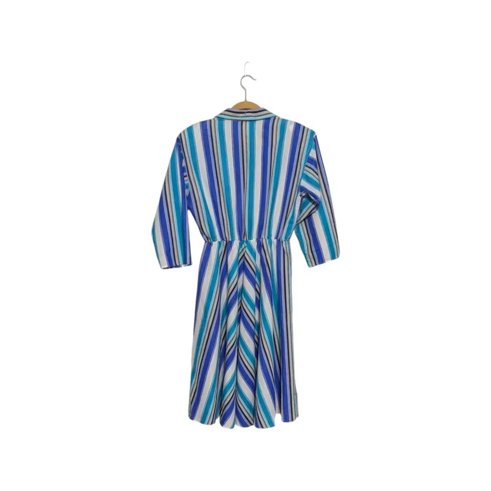 Vintage 80s Western Striped Button Down Dress Long Sleeve Collared Cowgirl Blue Size 14 - Image 4