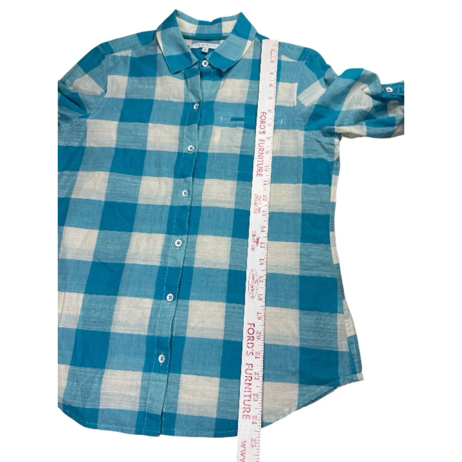 FoxCroft Blue & White Gingham Button Down Shirt Roll Tab Sleeves Size 6 Shaped - Image 6
