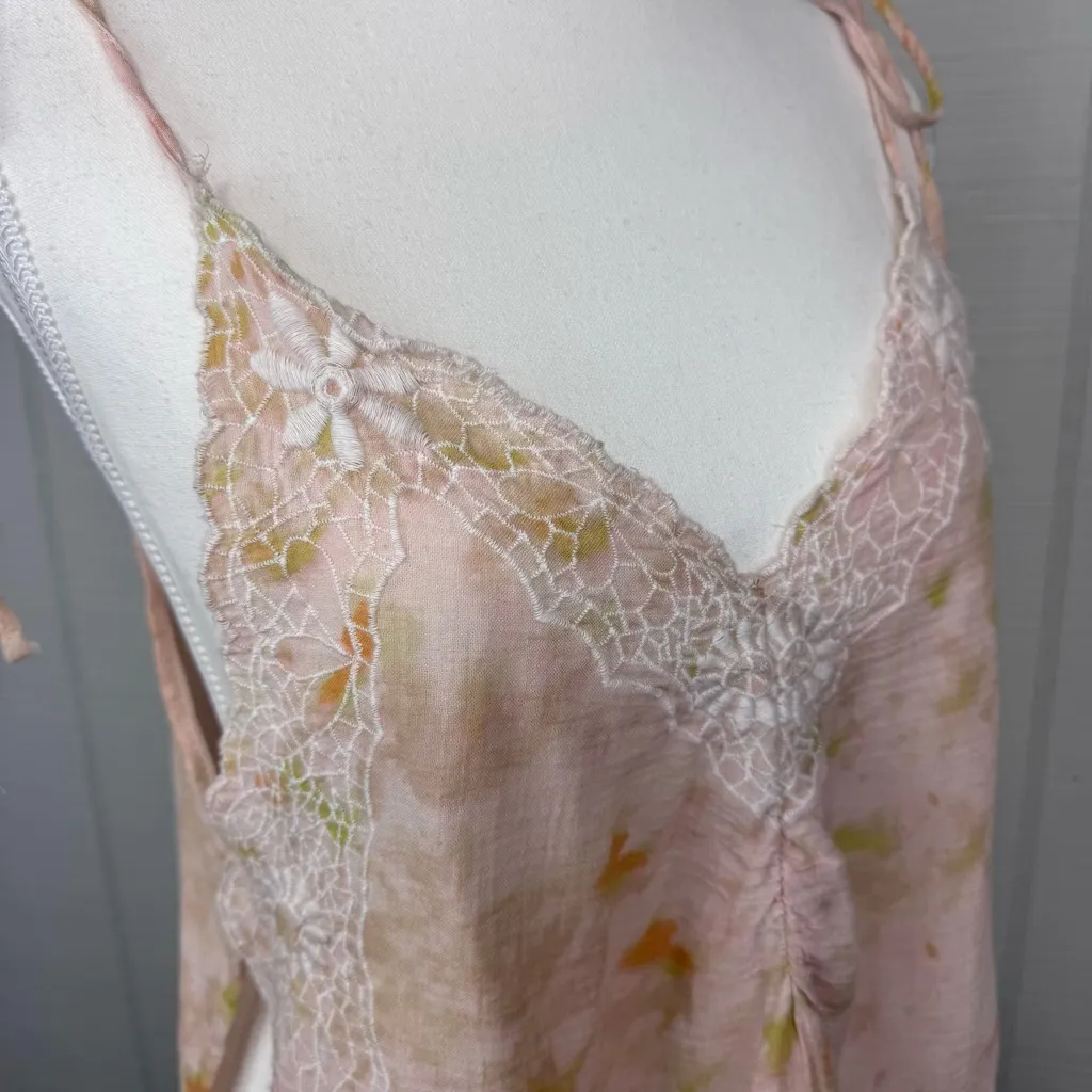 Zara Pink Floral Lace Trim Top Spaghetti Strap Tie Shoulders Open Sides V-neck - Image 4