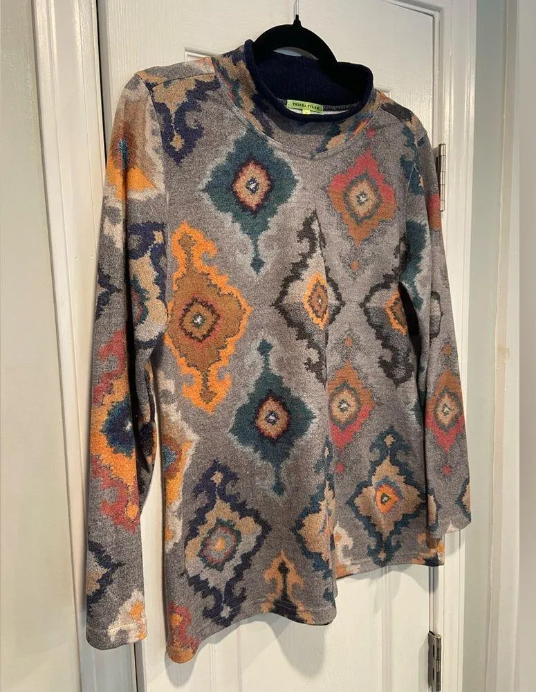 Trisha Tyler Size S Navy Blue Aztec Print Long Sleeve Mock Neck Stretch Top - Image 5