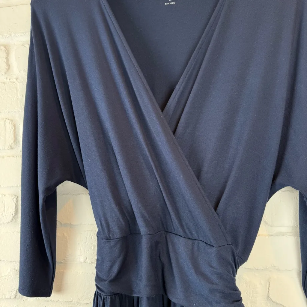 Three Dots Navy Blue Wrap Dress V Neck Waist Tie 3/4 sleeves Made in USA XL - Image 3