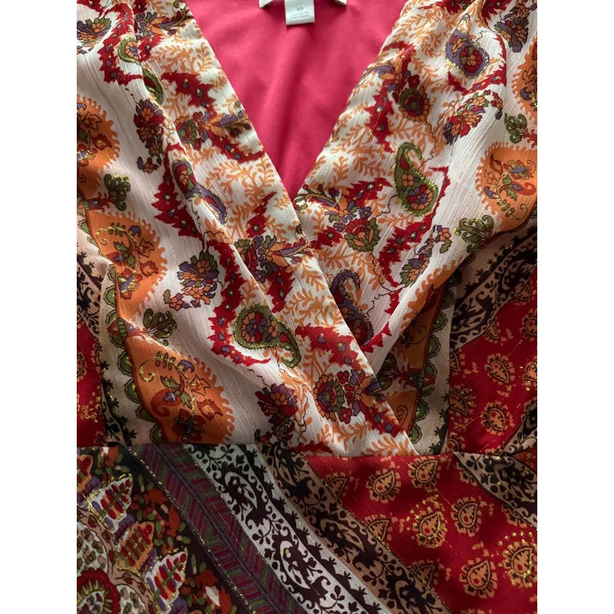 Westport 1962 Dress Size 10 Medium BOHO Peasant Metallic Gold Red Midi Abstract - Image 7