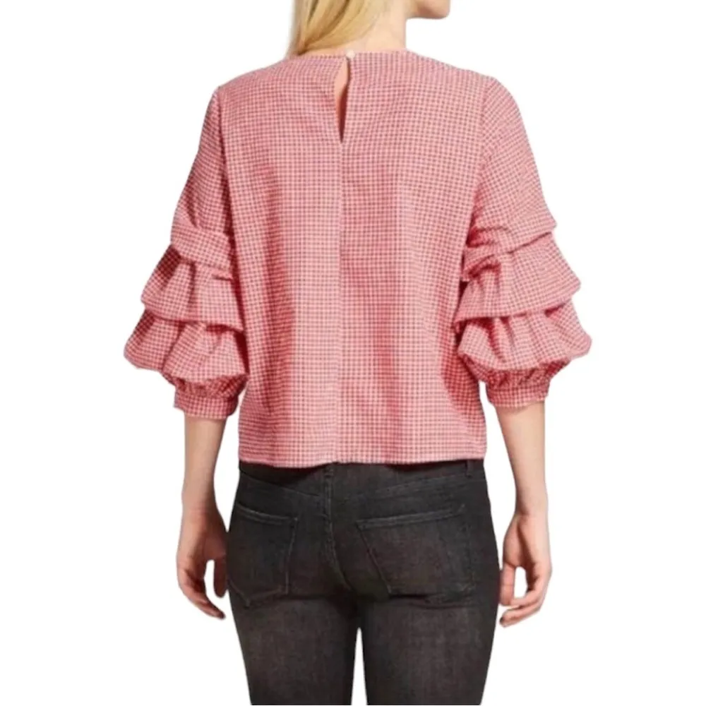 Who What Wear Red White 3/4 Pick-Up Tiered Balloon Sleeve Gingham Checkered Top - Image 2