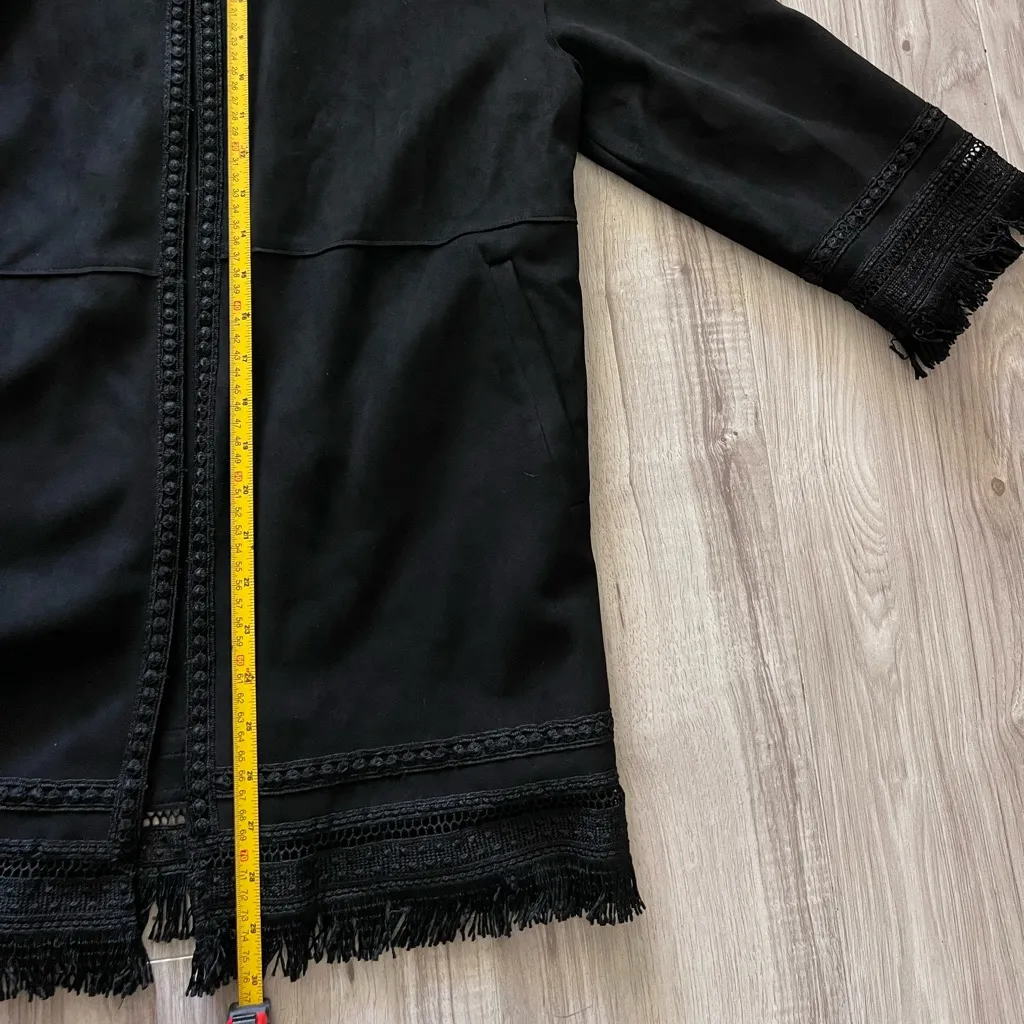ZARA Women’s Black Fringe Hem Lace Trim Jacket Boho Open Front Coatigan Size XS - Image 7