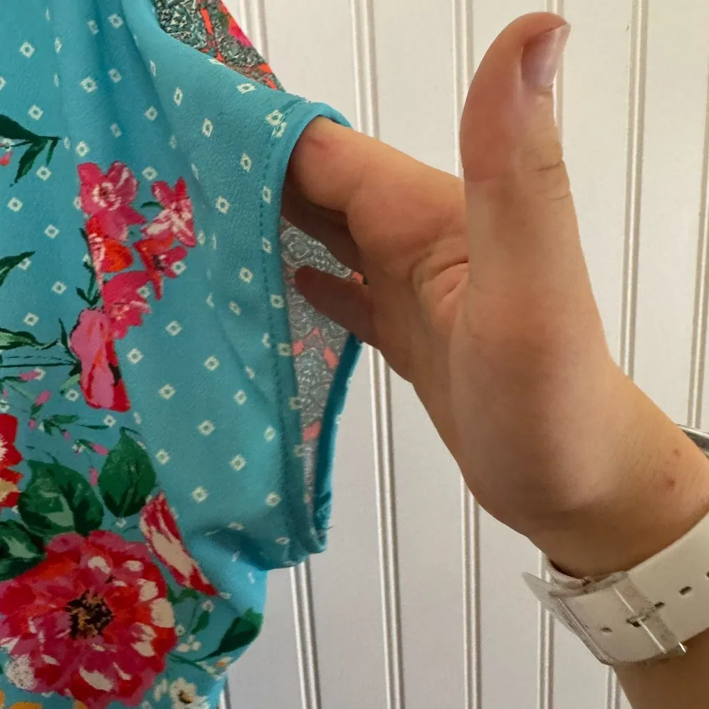 Umgee Teal Floral Wrap Style Blouse Short Sleeve, Loose Fit I34 - Image 5