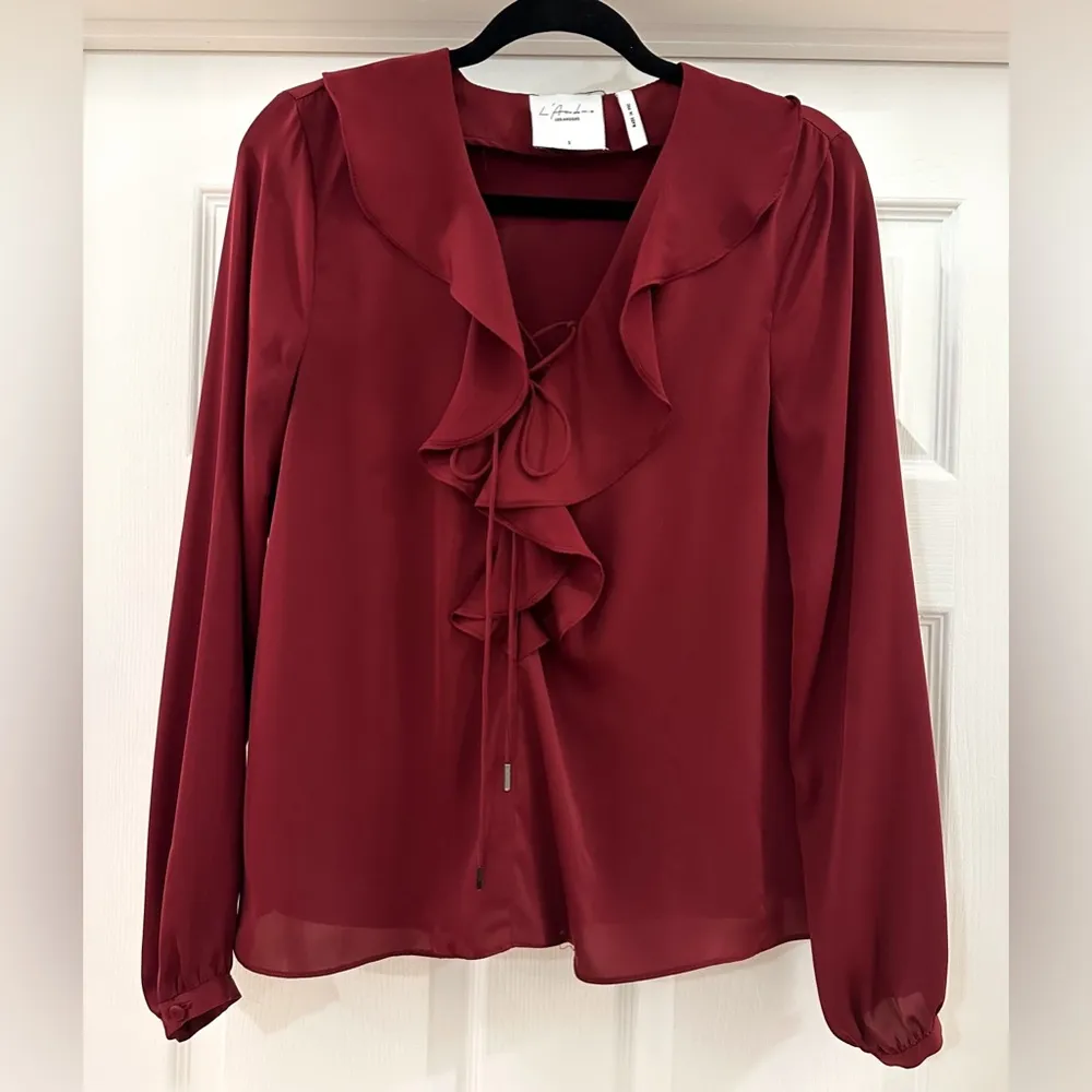 L’Academie The Ruffle Boho Blouse Crimson Lace up Tie Front Satin Burgundy - Image 8
