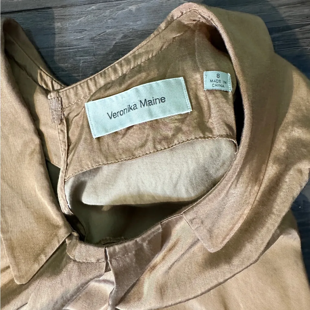 VERONIKA‎ MAINE Copper Shimmer Evening Dress Ladies 8 Pockets Collar Gold - Image 5