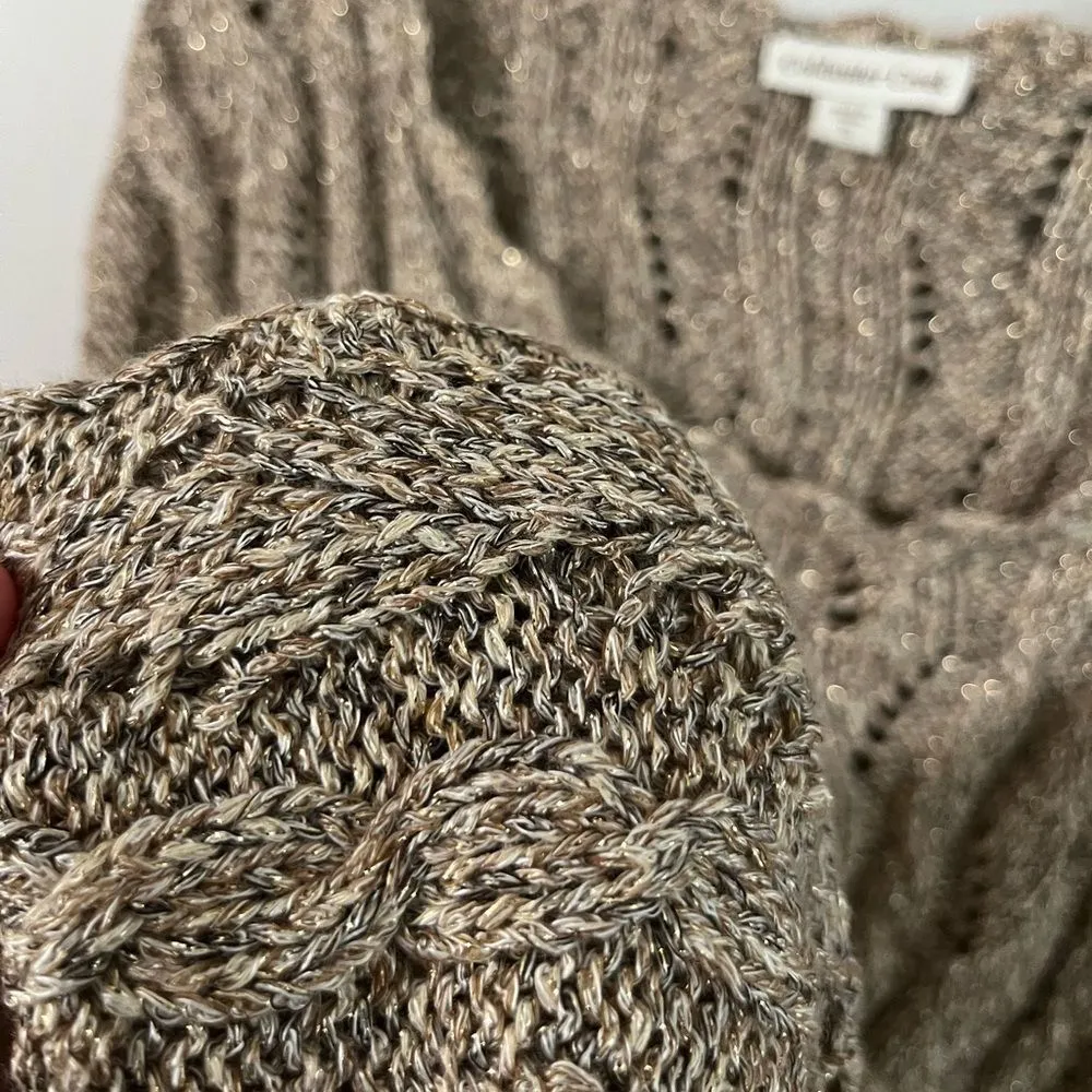 Coldwater Creek Metallic Knit Short Sleeve Sweater Top Tan Gold XL - Image 5