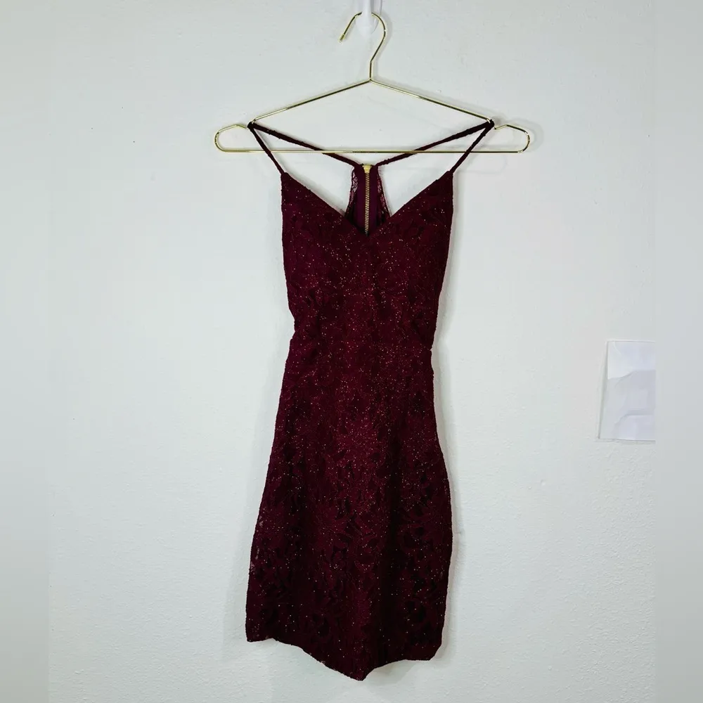 City Triangles Burgundy Glitter Lace Mini Dress Size 1 Formal Event Style - Image 2