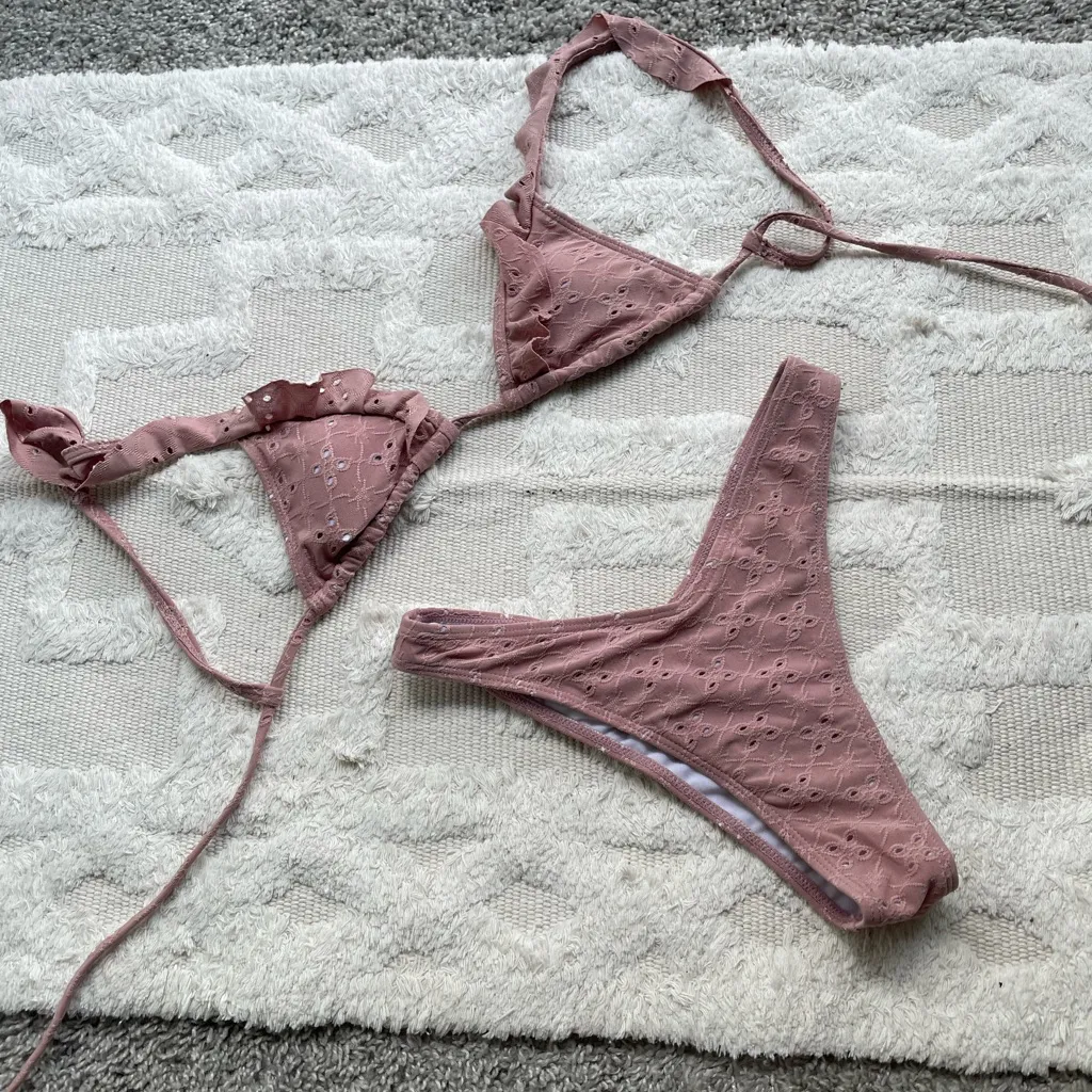 Shein mauve pink eyelet ruffle micro triangle v cut bikini swim set - Image 3