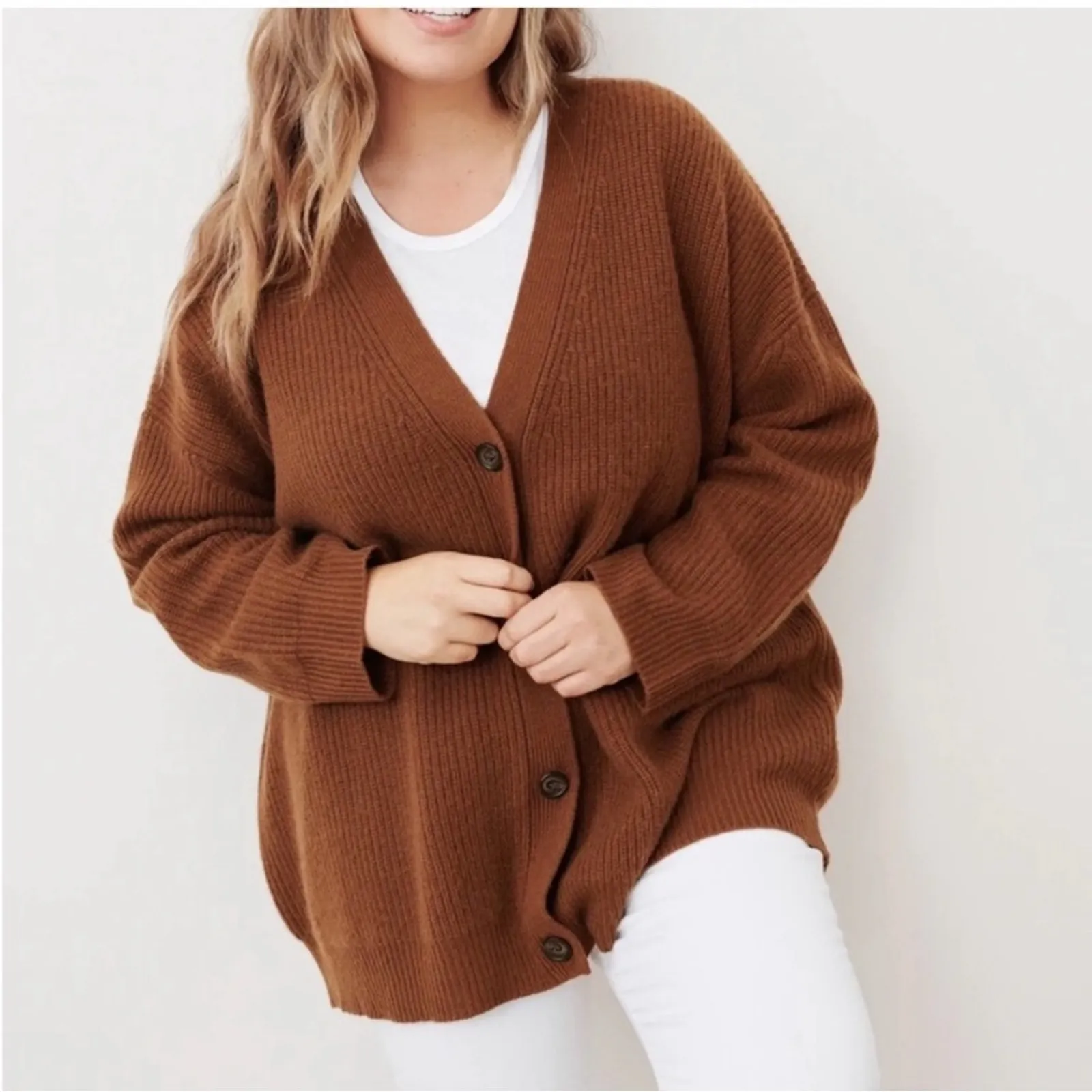Jenni Kayne RARE Cinnamon Brown Cashmere Cocoon Cardigan Sweater Size XL - Image 2
