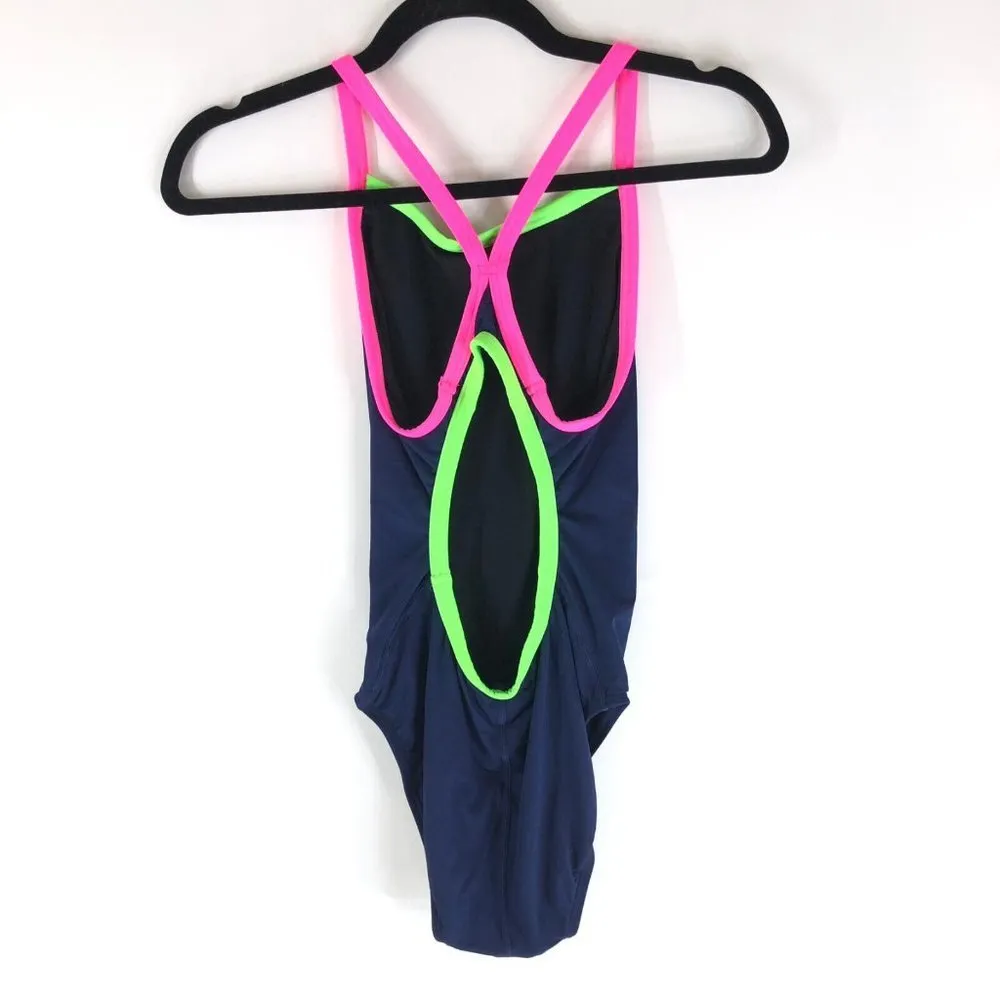 TYR Womens One Piece Swimsuit Diamondback Durafast Neon Pink Green Navy S - Image 2