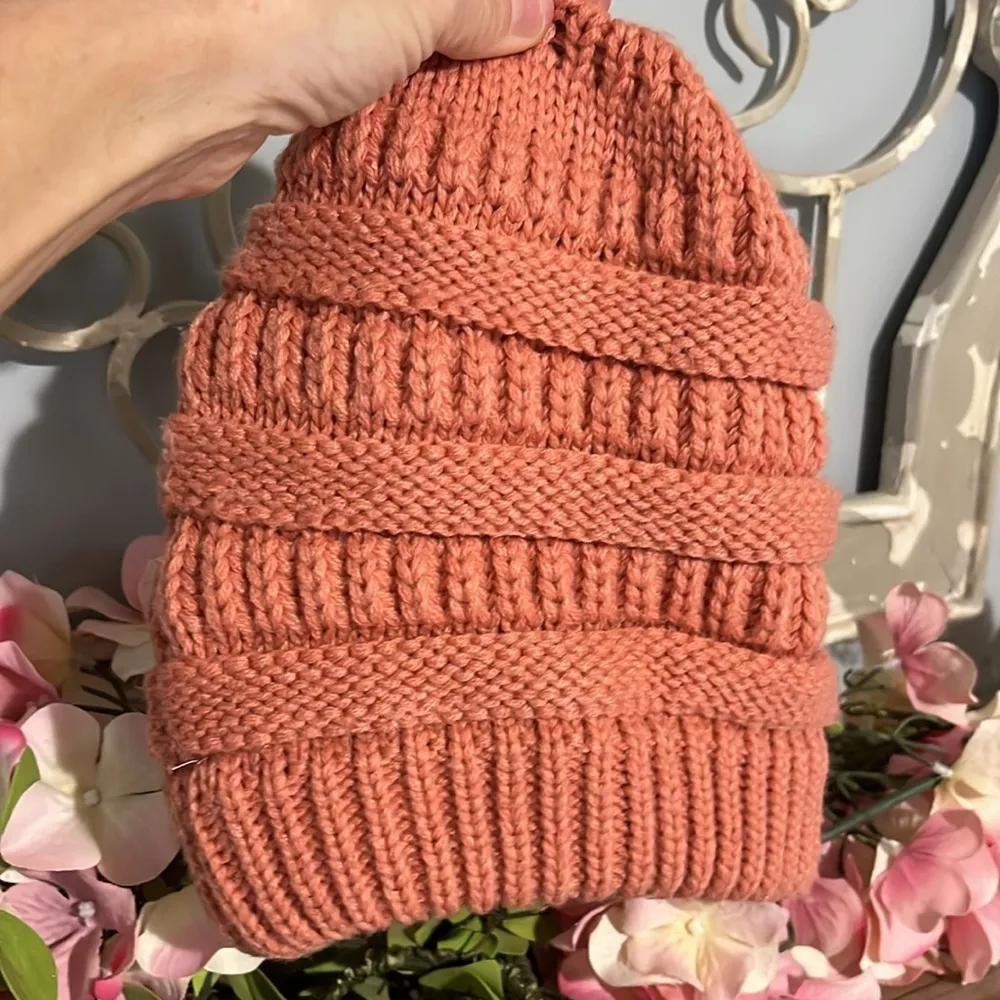 Crochet Winter Beanie Ski Cap Cable Knit Pink Blush Hat Womens Coral Tobaggan - Image 7