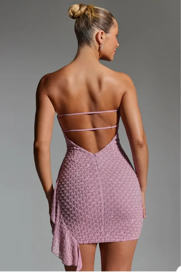 Oh Polly: Embellished Ruffled Cowl-Neck Bandeau Mini Dress in Mauve - Image 2