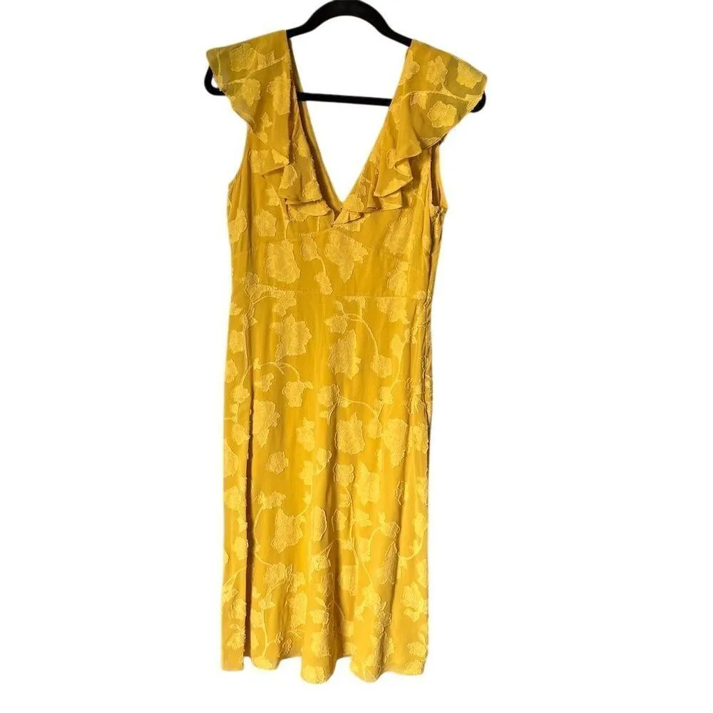 Joie Adella Yellow Ruffle Trimmed Floral Embroidered Midi Dress Size 4 - Image 3