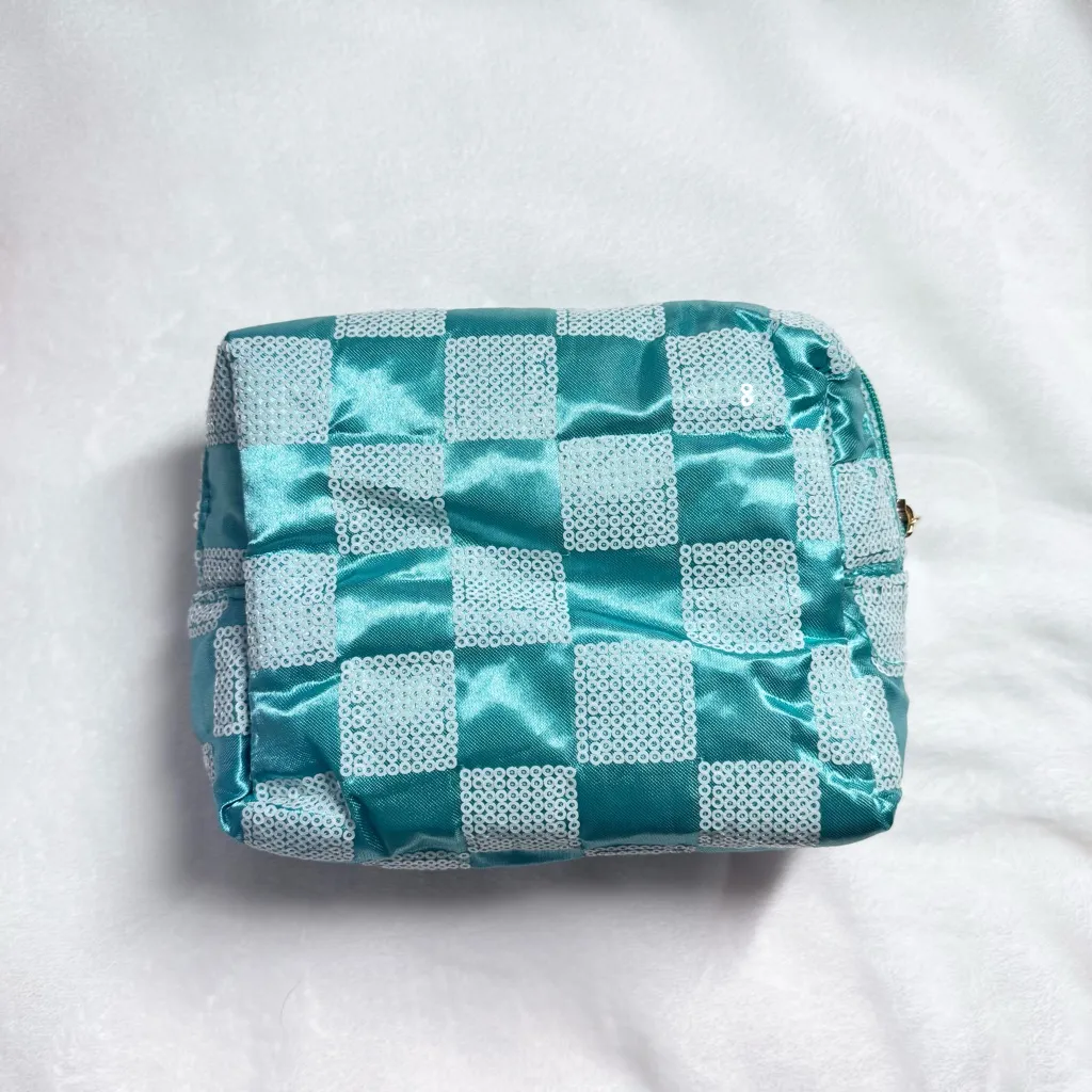 Blue Green Teal Aqua Checkered Sequin Pouch Makeup Bag - Image 2
