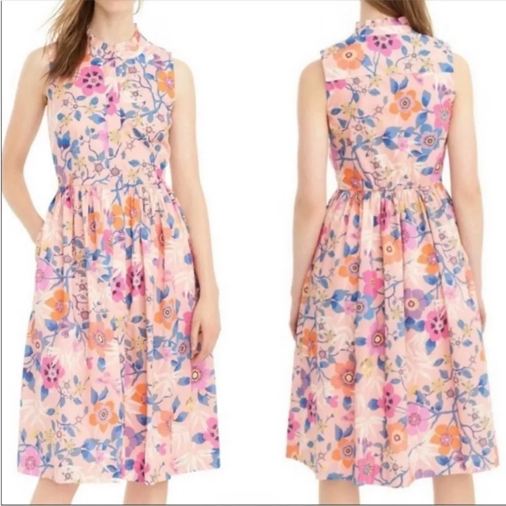 J.Crew Liberty Pavilion Floral Print Ruffle Neck Dress Size 00P Pink Preppy Work - Image 2