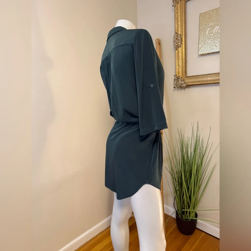 Glam Shirt Dress Button Front Short Roll Tab Sleeve Pocket Tie Waist small Green - Image 2