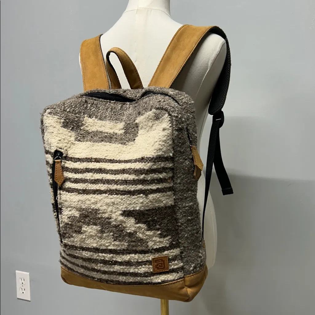 Achiote Guatemalan Goods Backpack Handmade Aztec Western Wool Leather Gray - Image 2