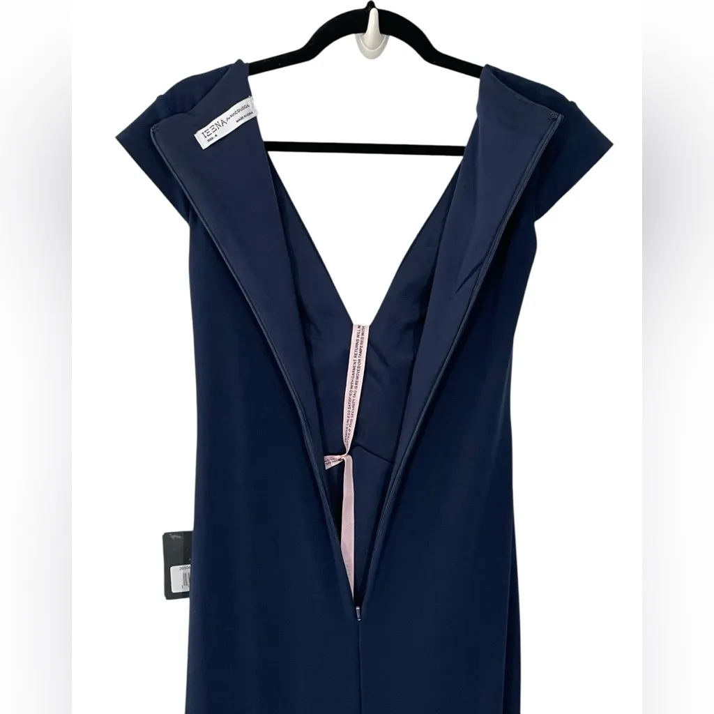 NWT Ieena for Mac Duggal Jersey V-Neck Maxi Dress Gown Navy Blue Formal Size 4‎ - Image 6