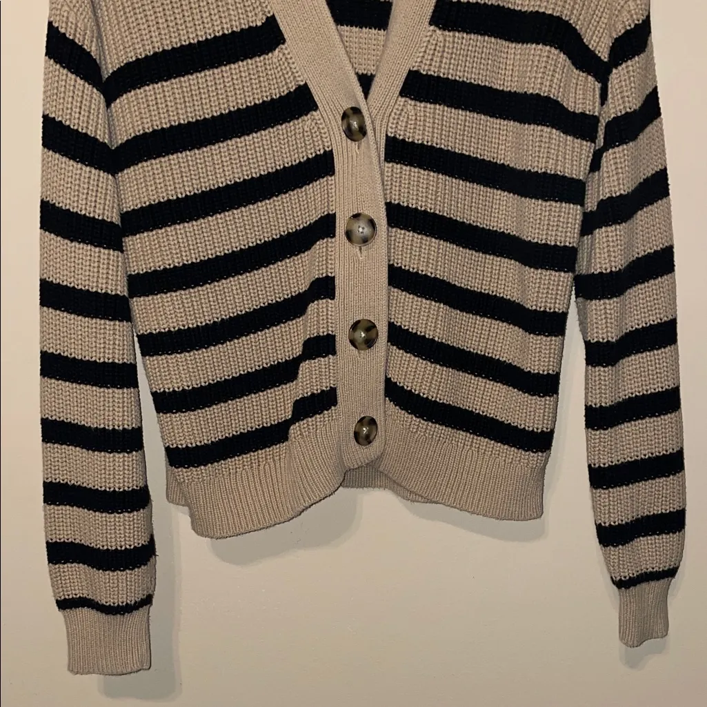 GAP Women’s Chunky Knit Striped Tan Brown Black Button-Up Cardigan Sweater - Image 3